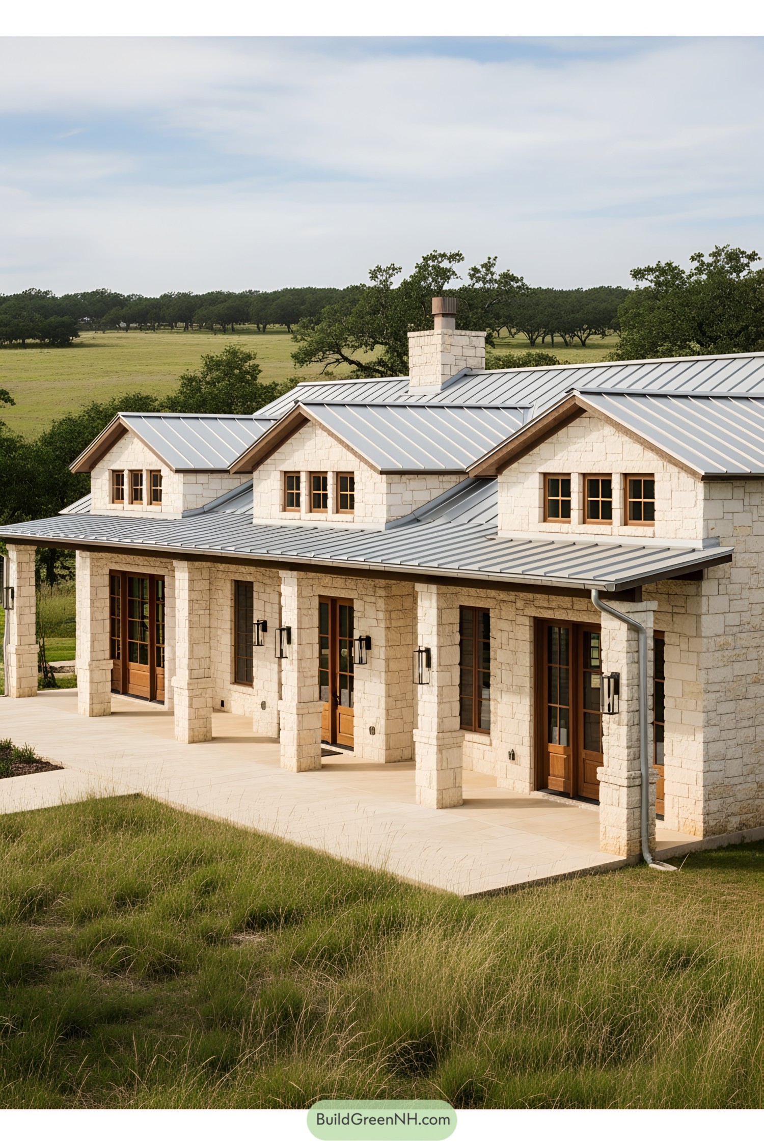 Texas ranch house with stone exterior and metal roof