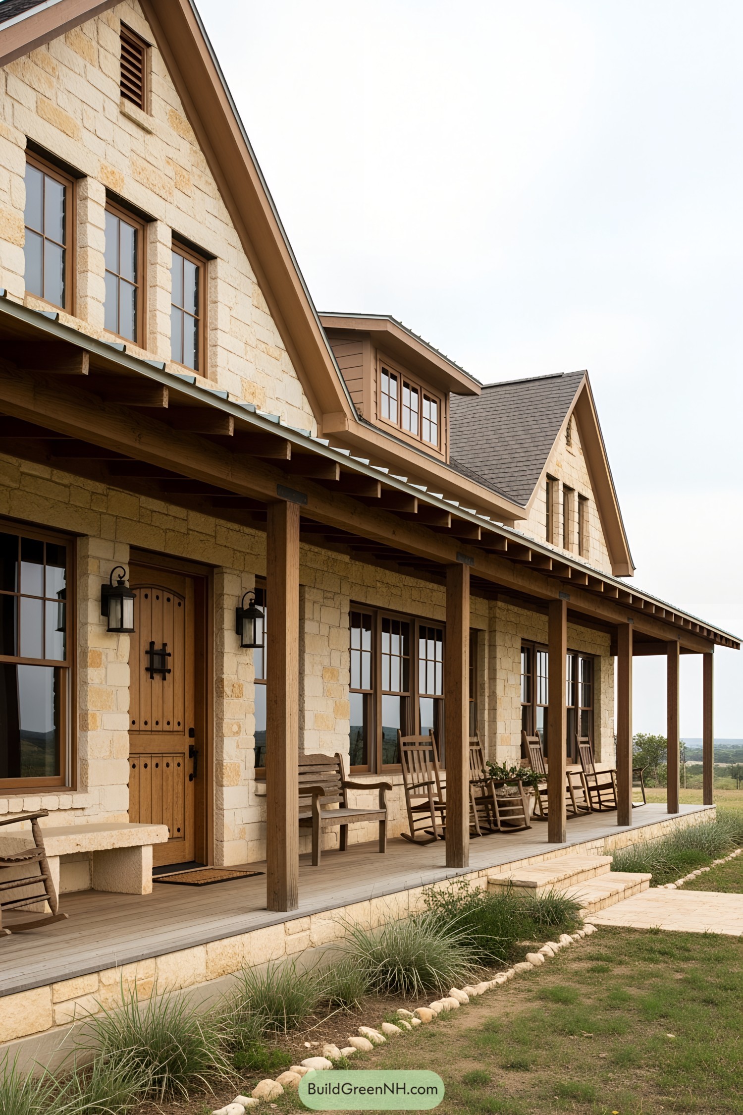 Stone ranch house with wooden porch and chairs