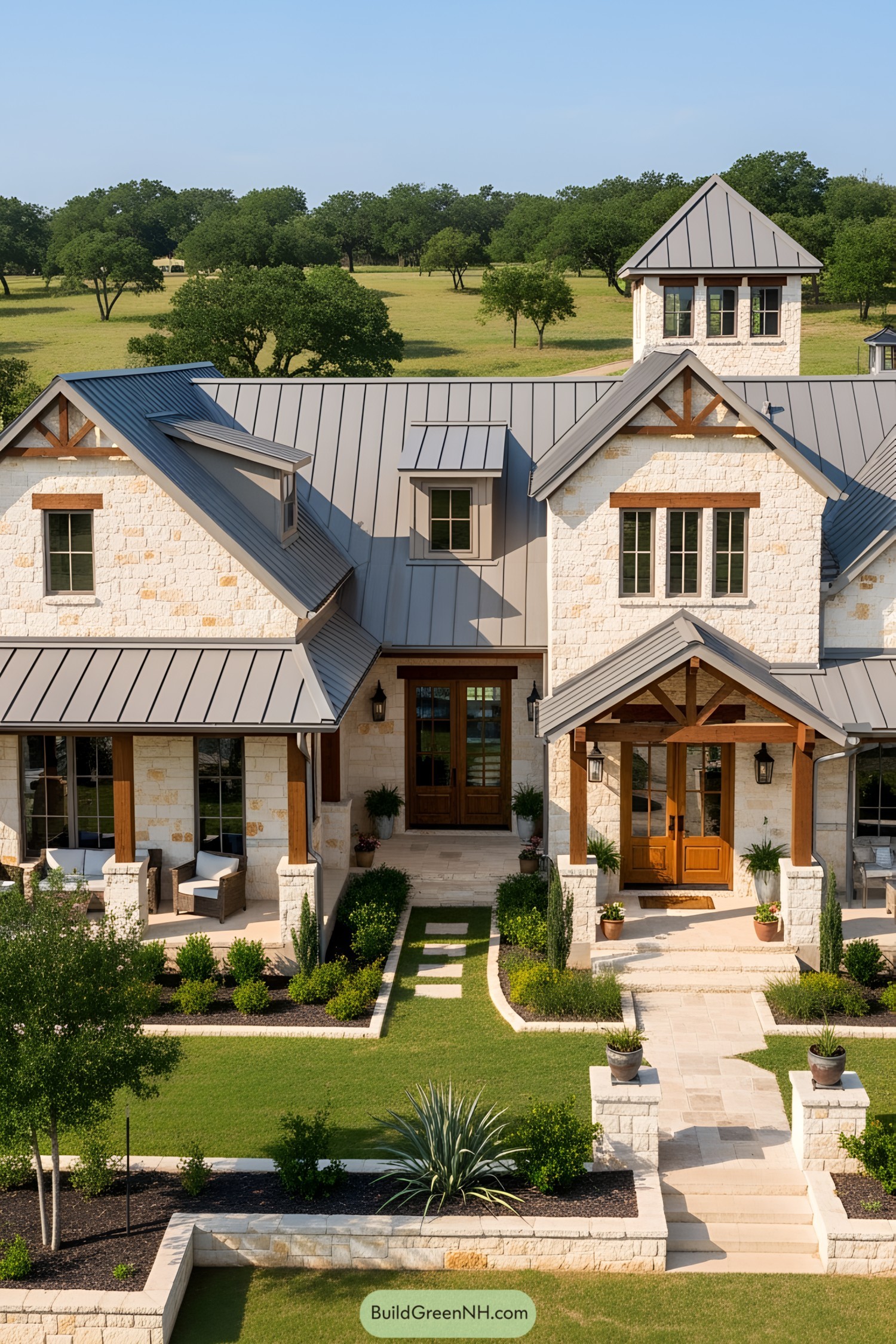 Stone ranch house with metal roof and landscaped garden