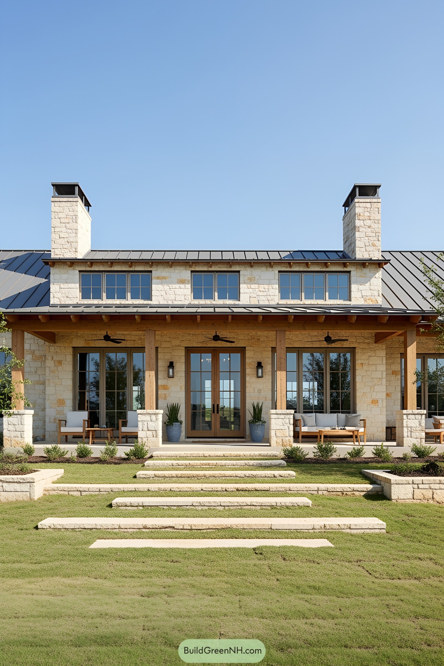 Stone ranch house with two chimneys and large windows