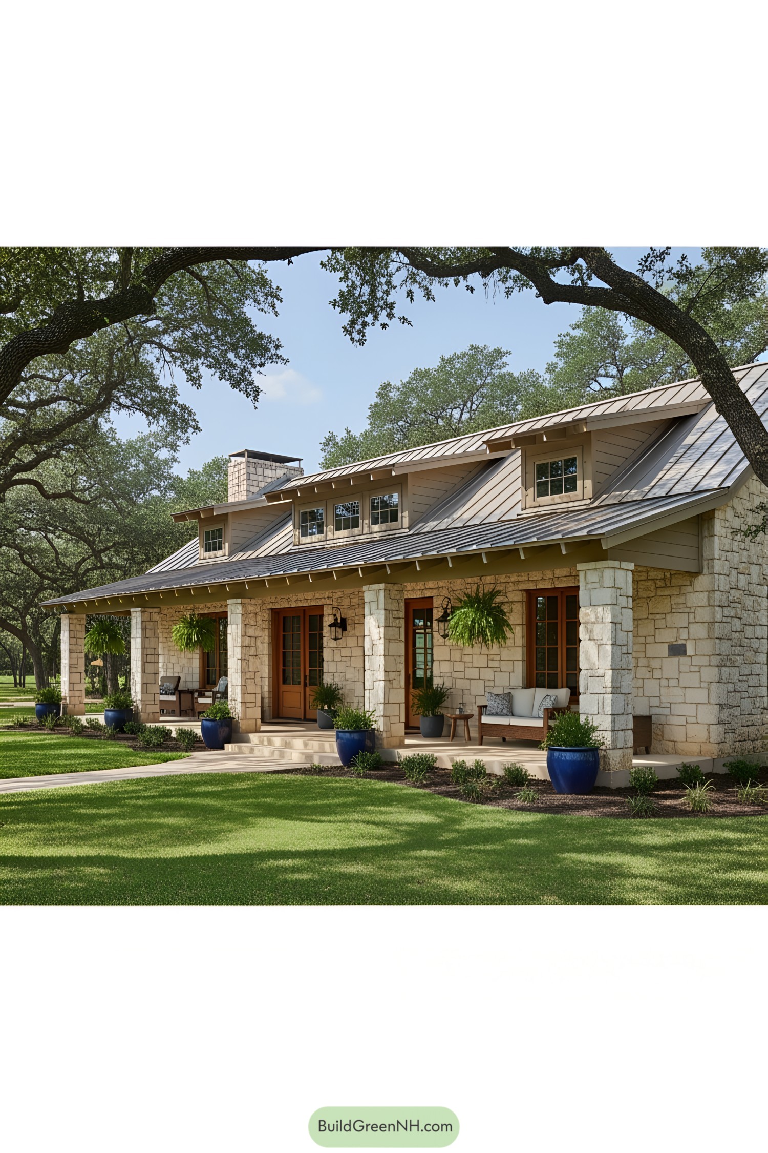 Stone ranch house with porch and greenery