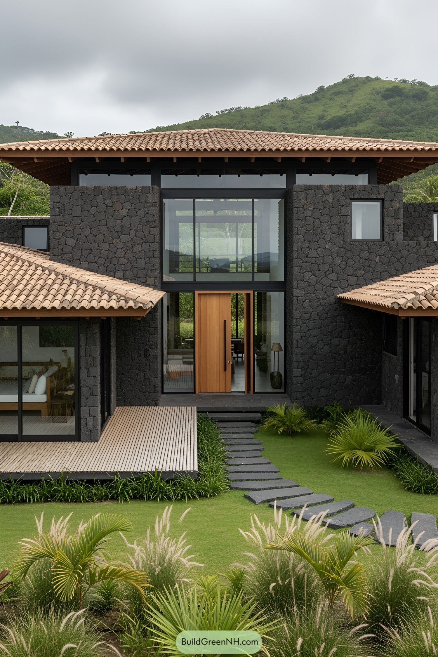 Modern house with volcanic stone facade and wooden accents