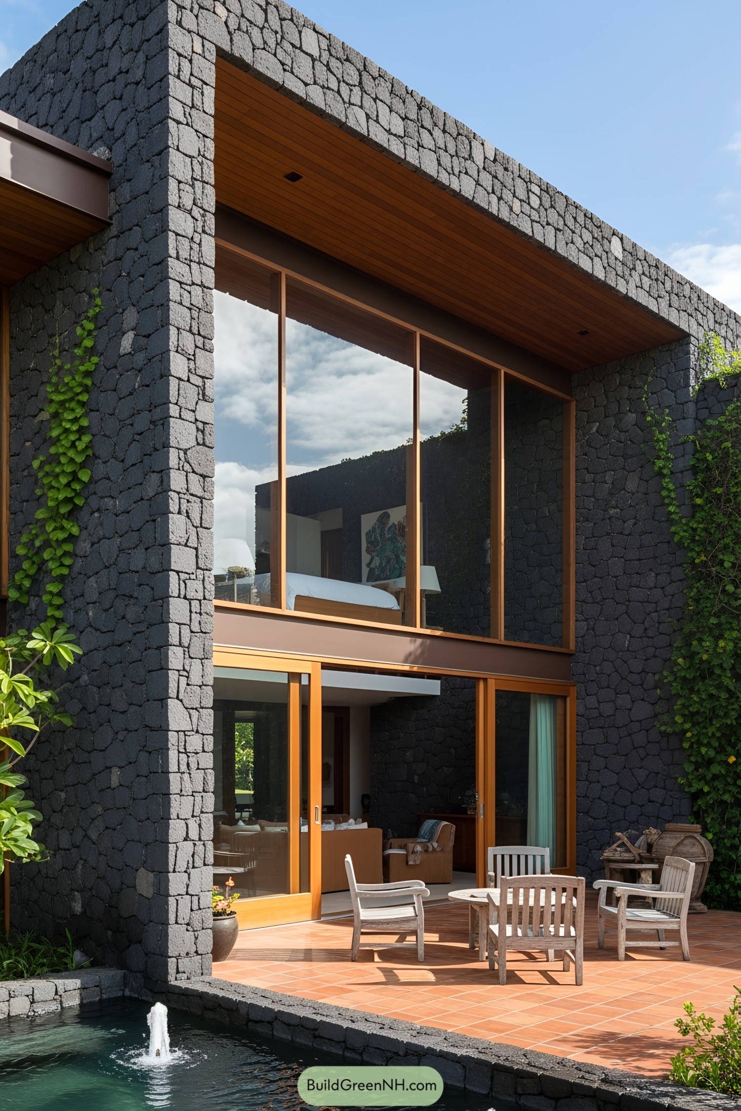 Modern tropical house with volcanic stone facade and garden