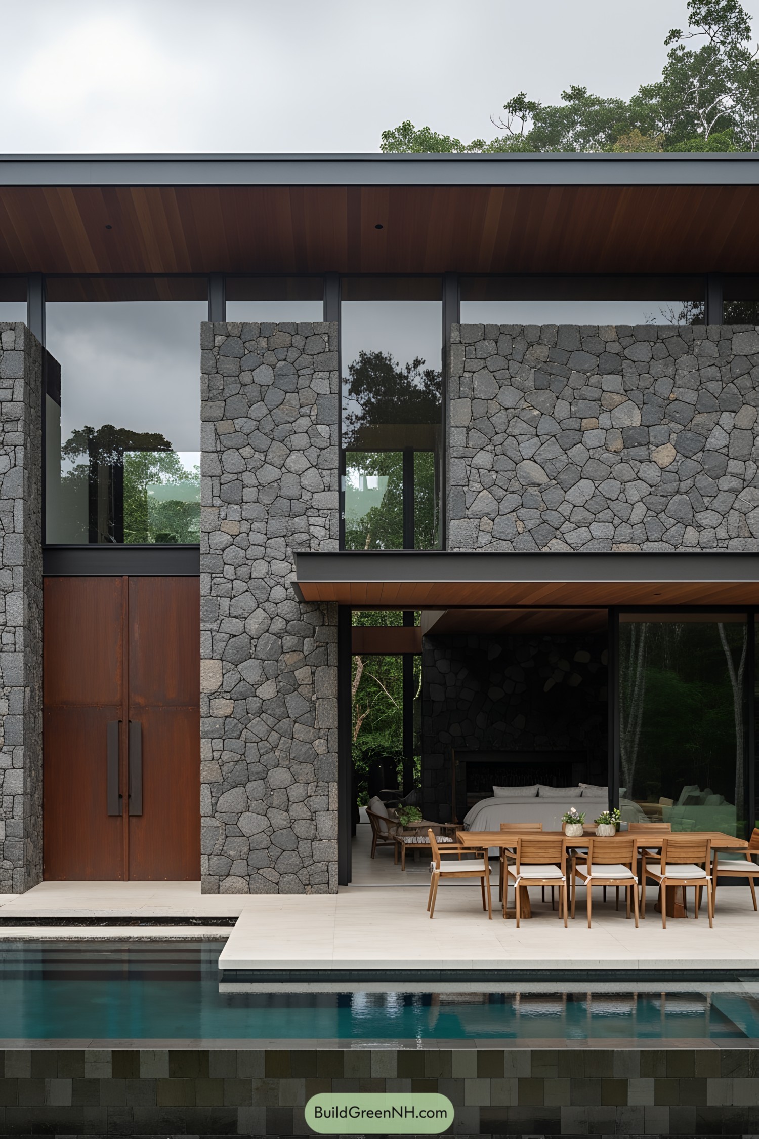 Stunning volcanic stone facade with pool and wooden accents