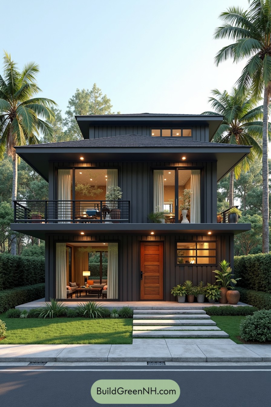 Modern tropical house with palm trees