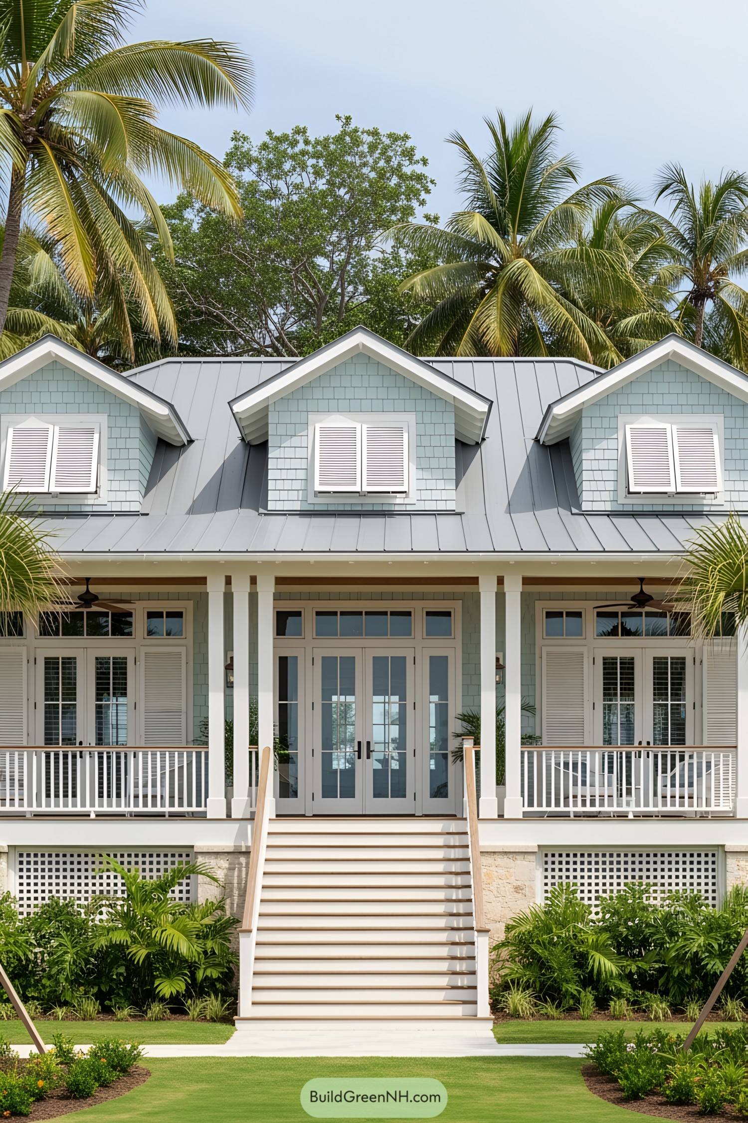Tropical beach house with palm trees