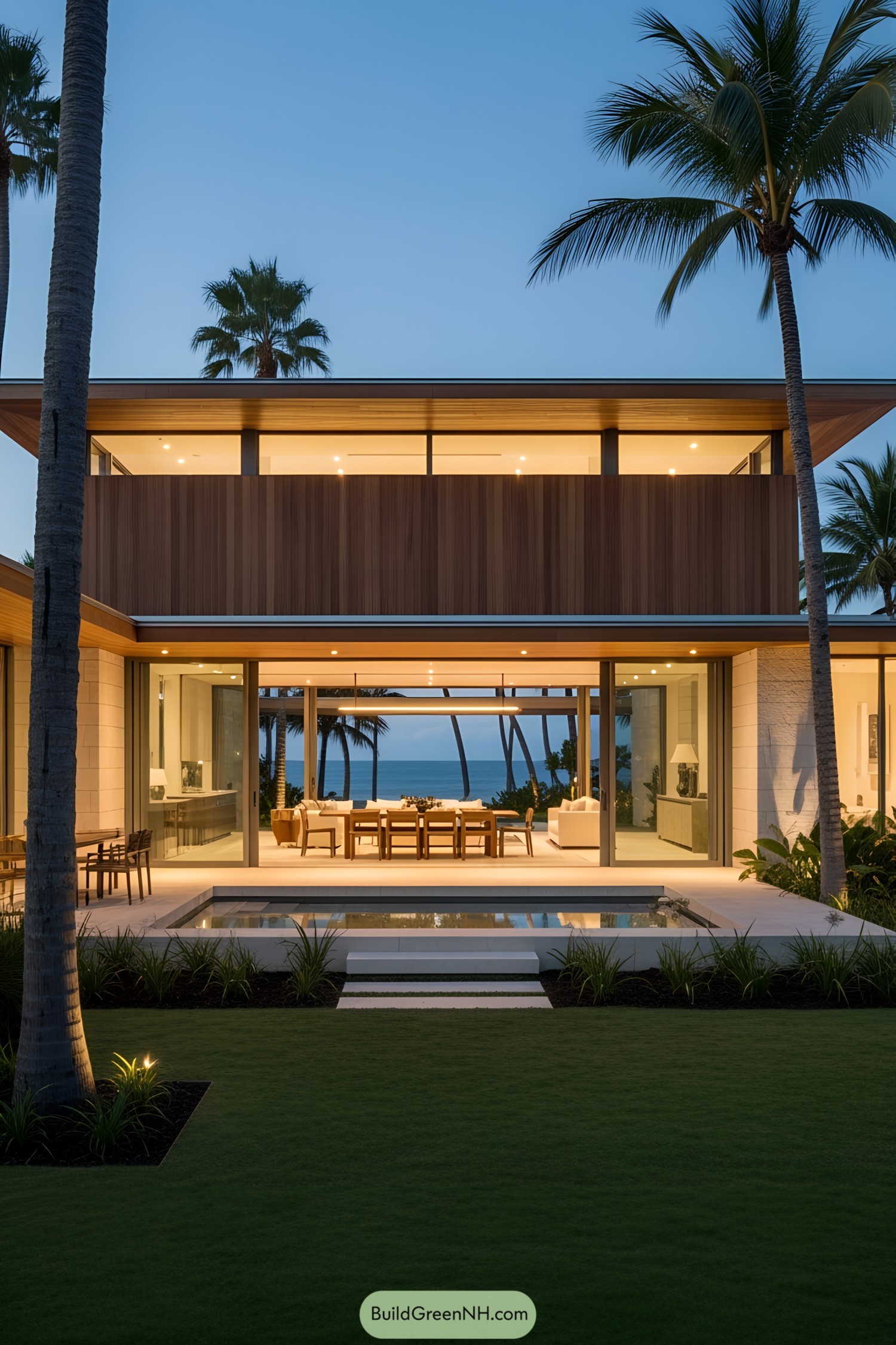 Modern beach house with pool and palm trees at dusk