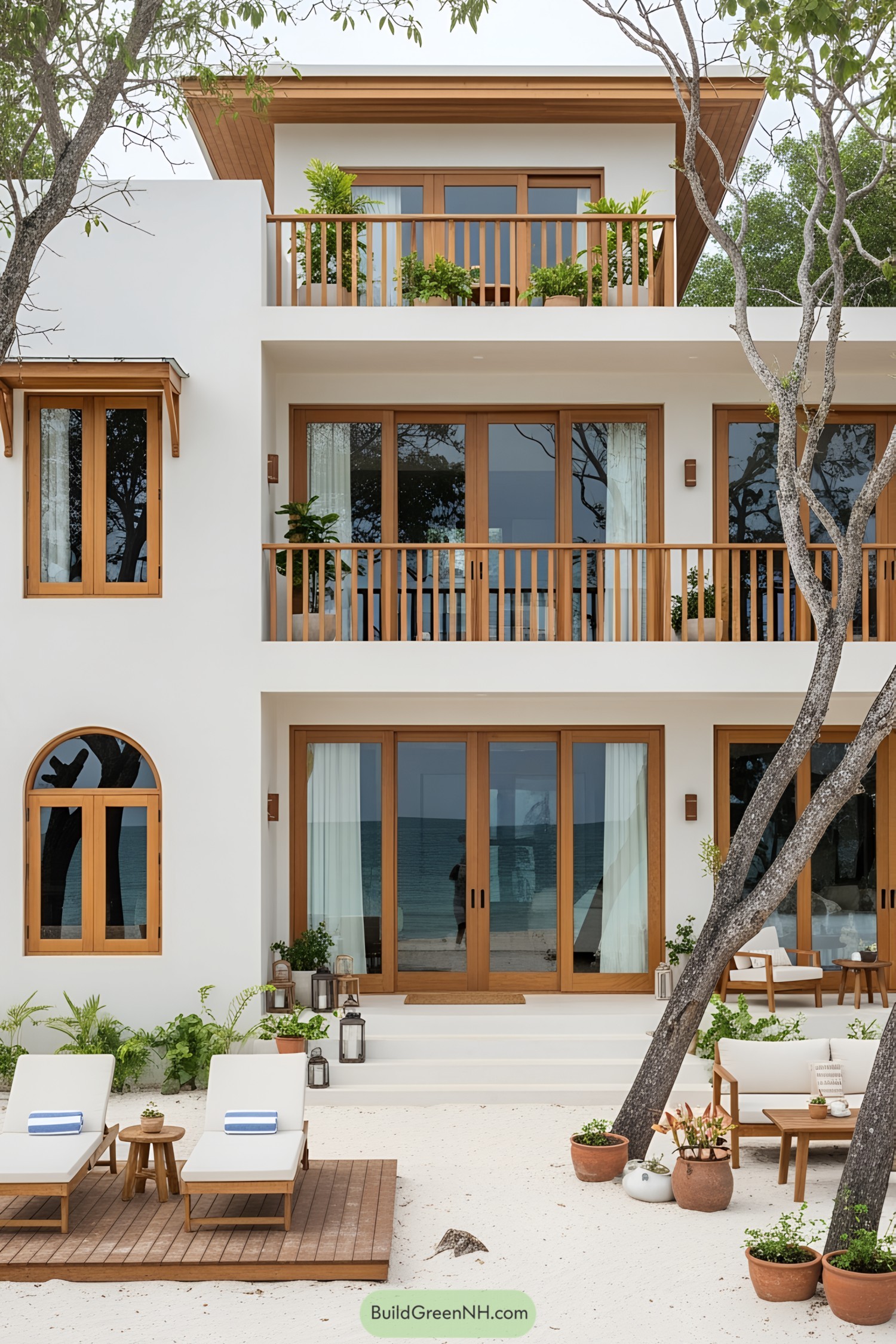 Beach house with wooden balconies and white facade