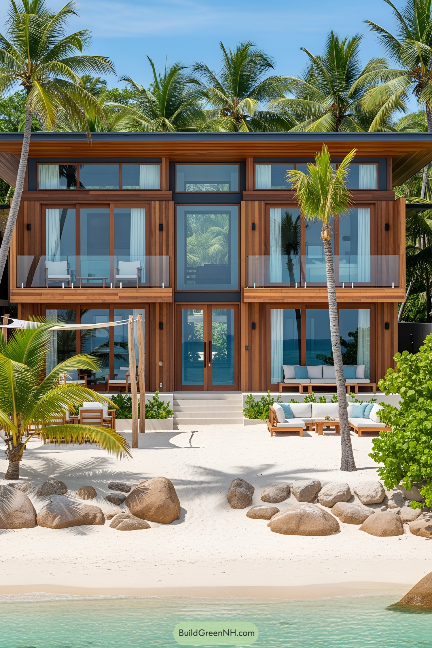 Beachfront tropical house with palm trees and modern design