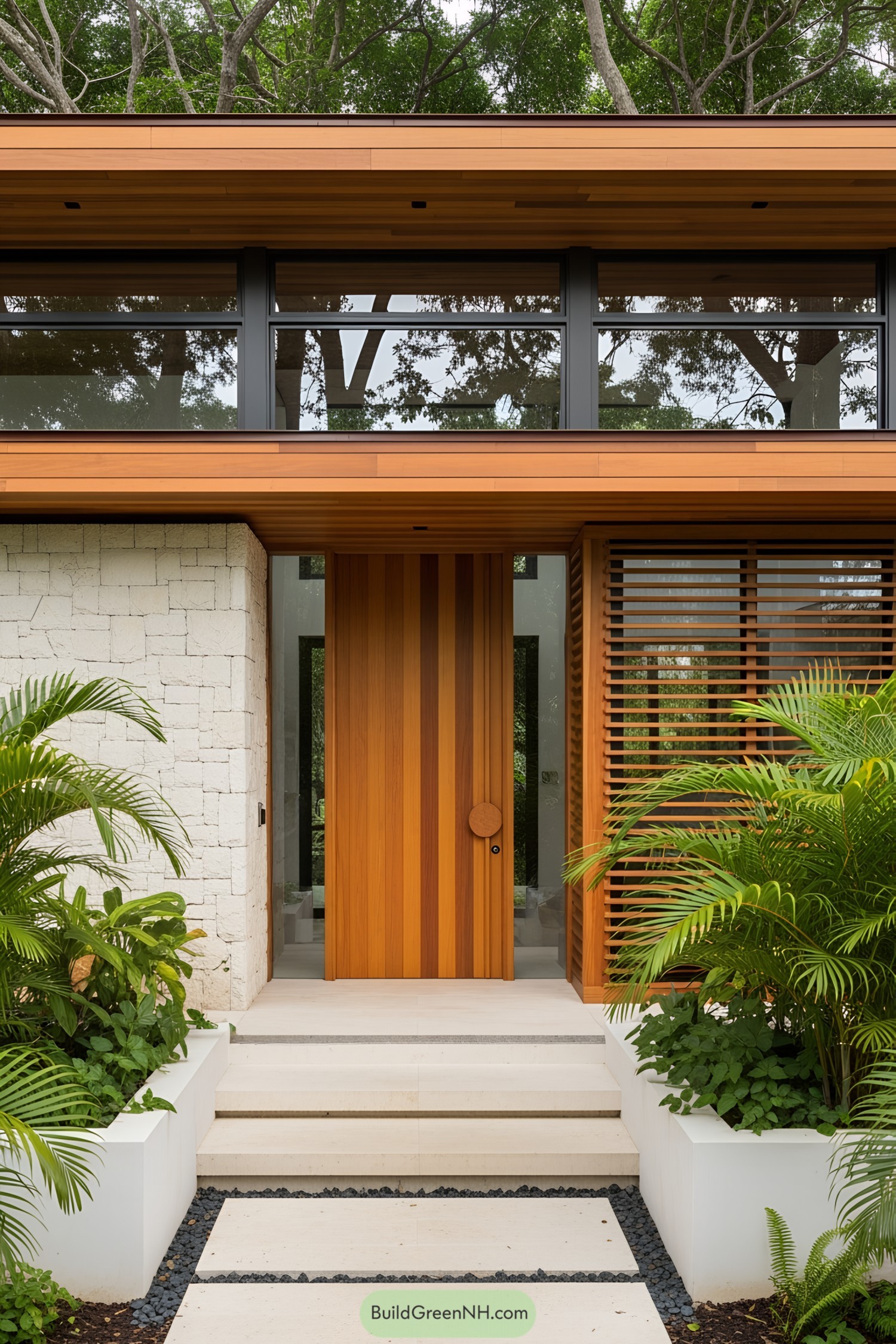 Front entrance of a modern tropical beach house with lush greenery