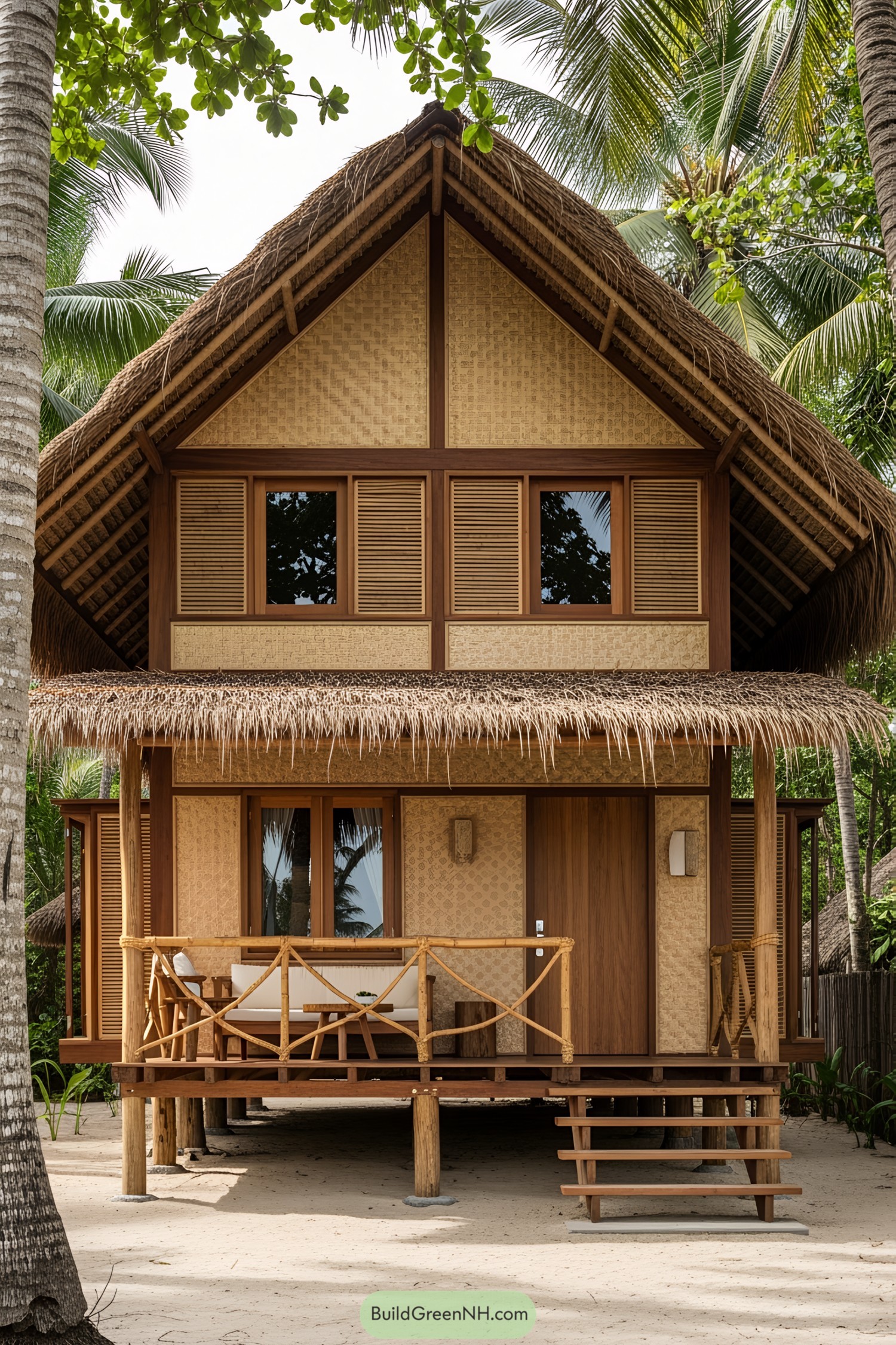 Tropical beach house with thatched roof surrounded by palm trees