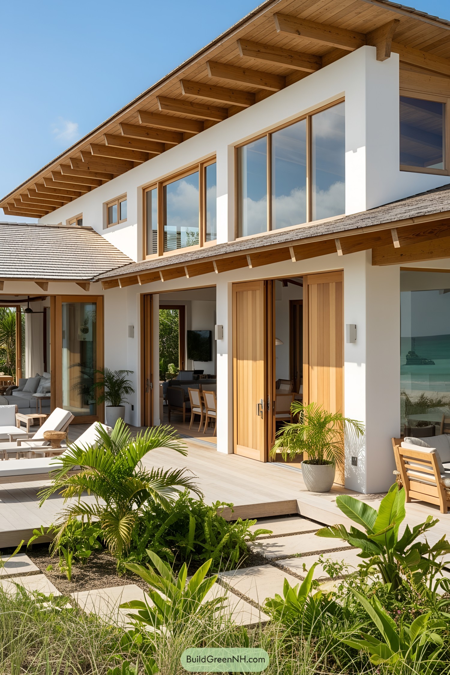 Modern beach house with lush greenery and wide-open doors