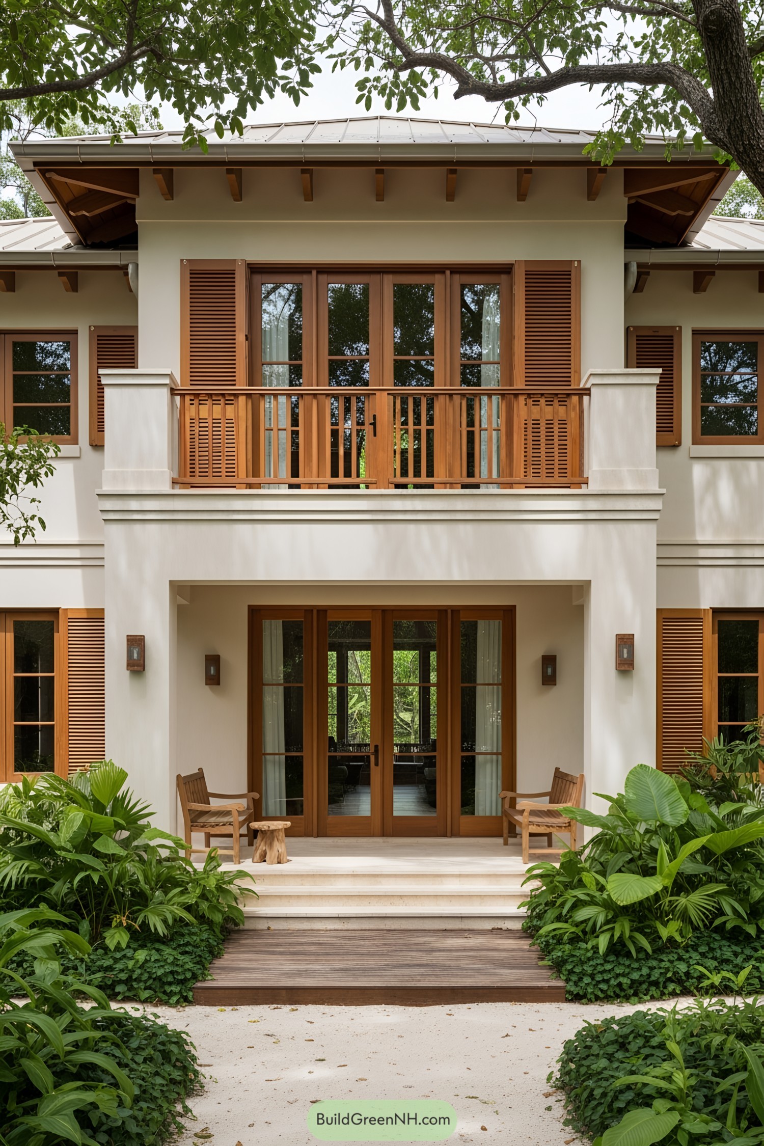 Tropical beach house surrounded by lush greenery