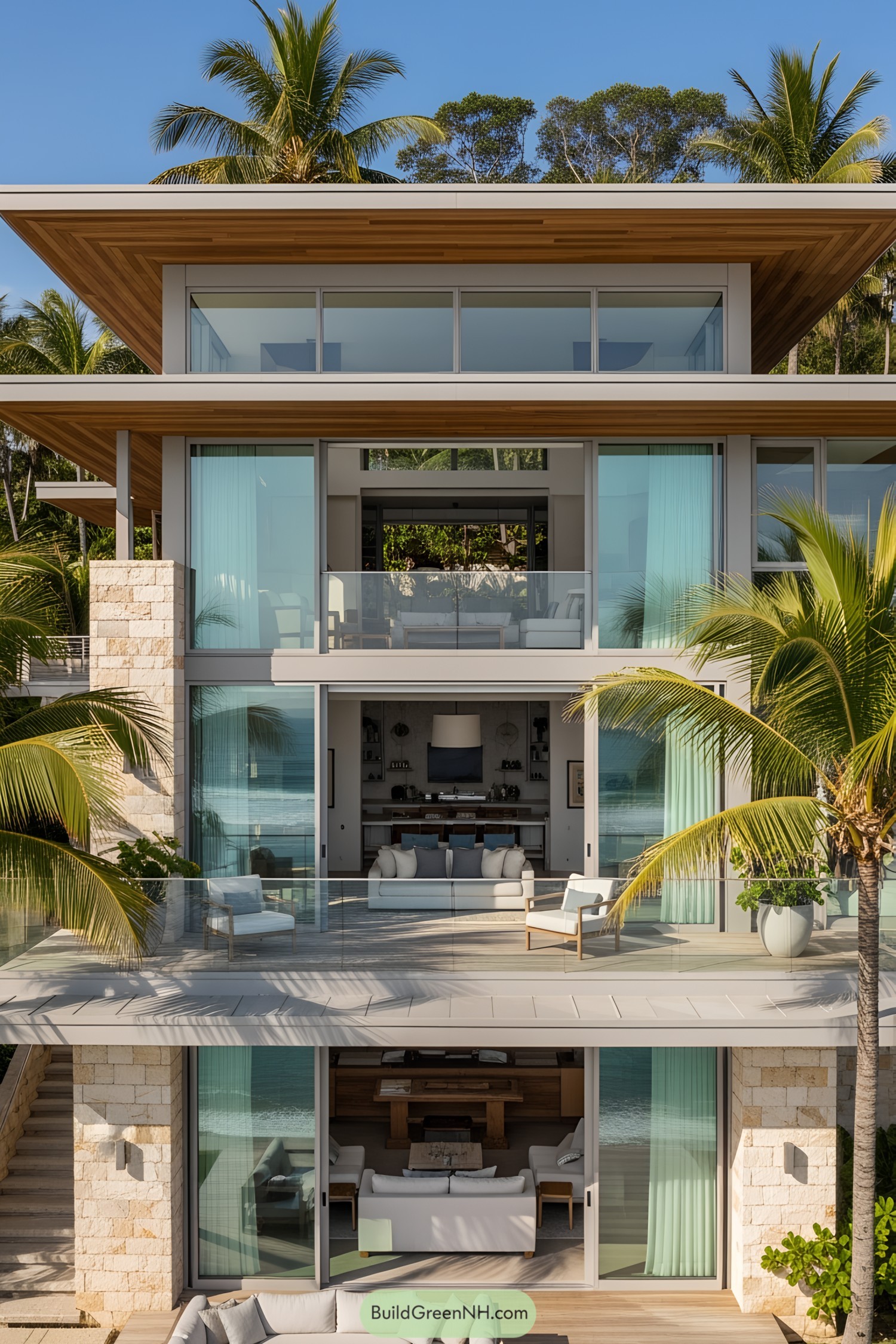 Modern beachfront house with large glass windows and palm trees