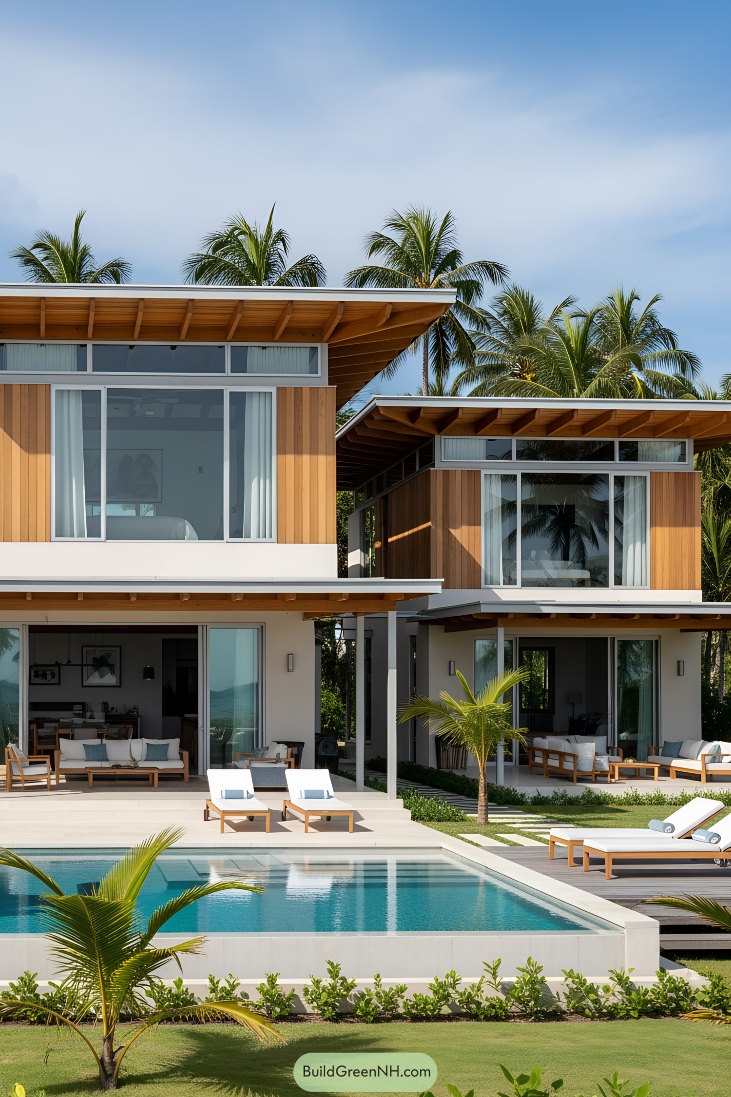 Modern beach house with a pool amid palm trees
