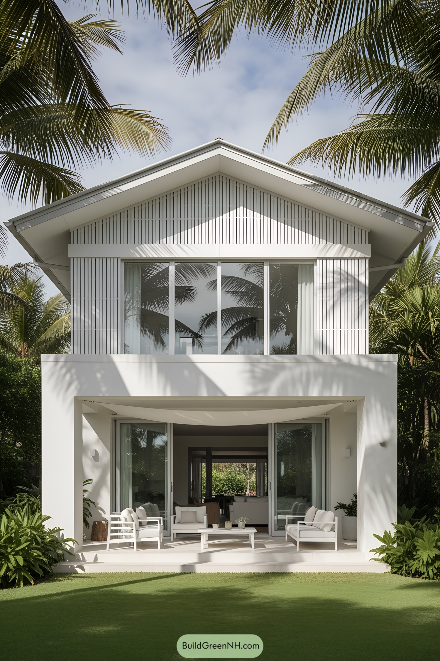 Modern white beach house surrounded by lush greenery