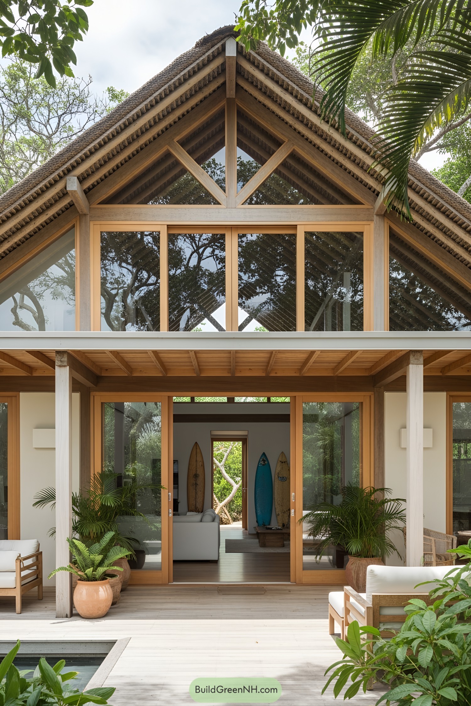 Wooden beach house with surfboards and lush greenery