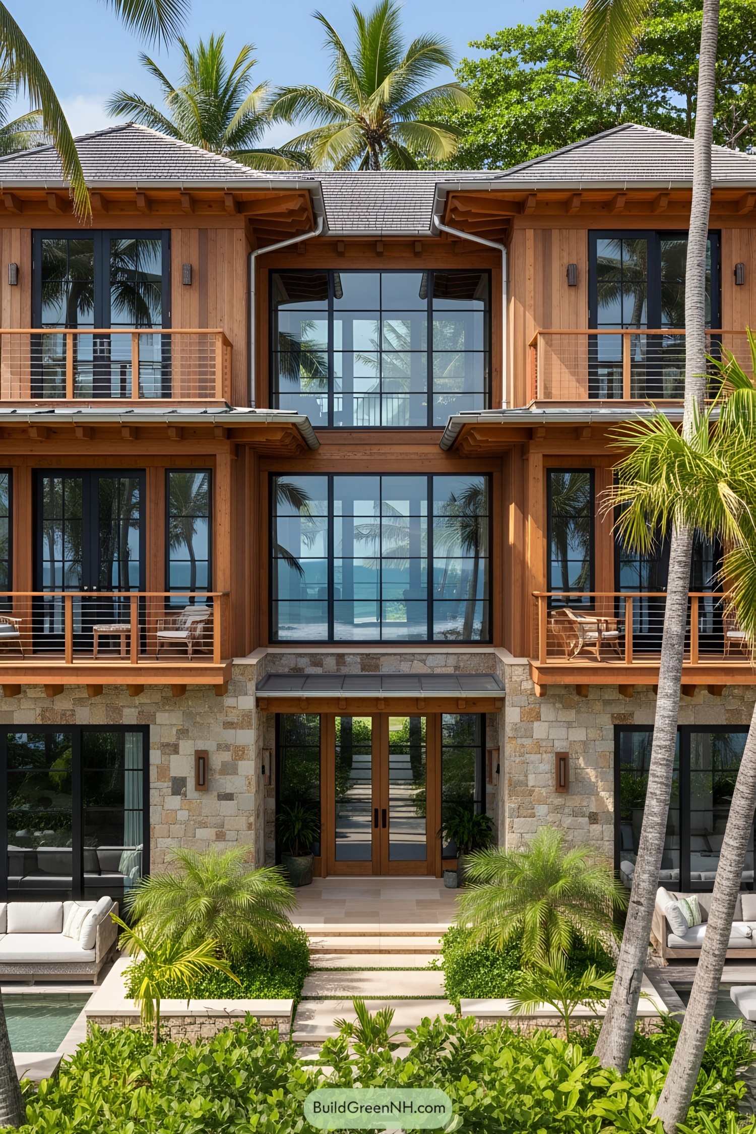 Stylish beach house with palm trees and ocean view