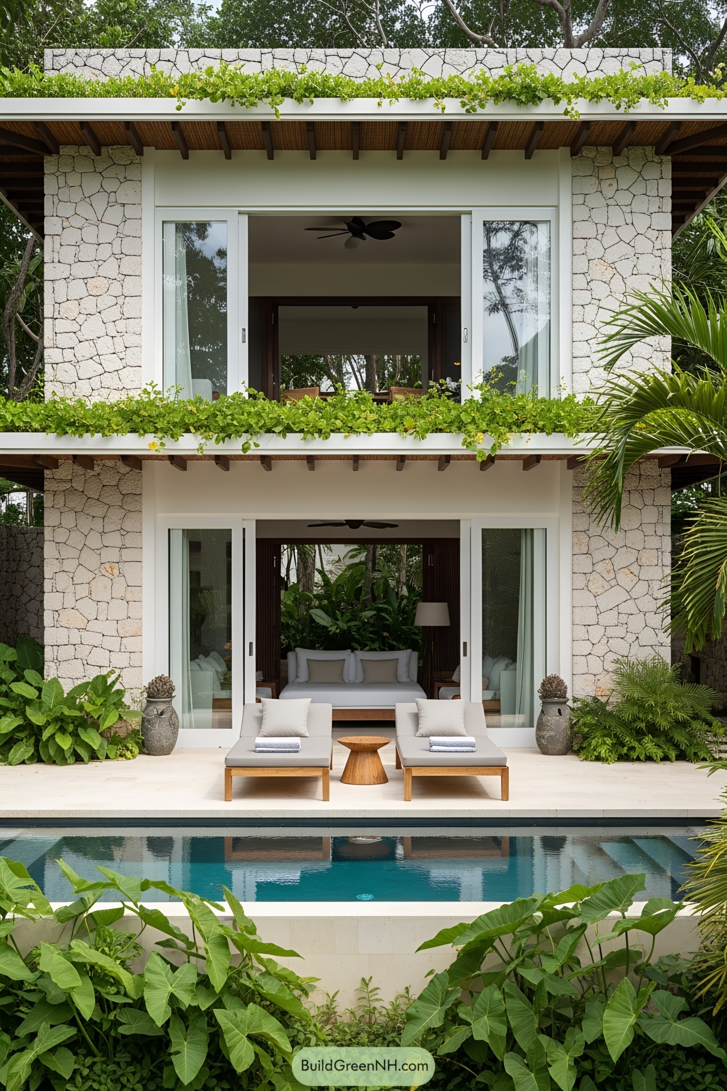 Tropical house with lush greenery and poolside loungers
