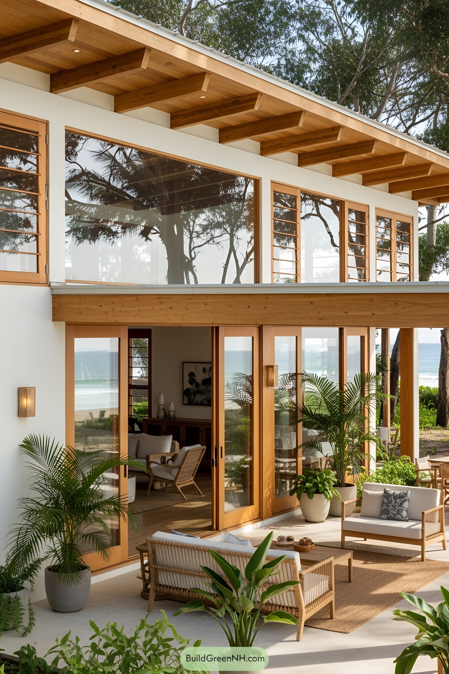 Modern beach house with large windows and lush plants