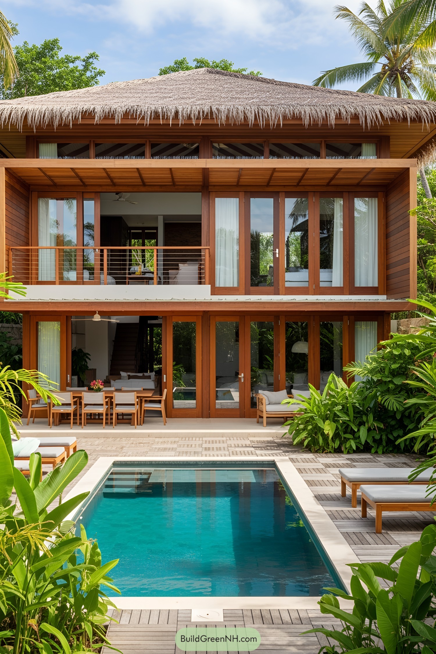 Modern tropical beach house with a pool and lush greenery