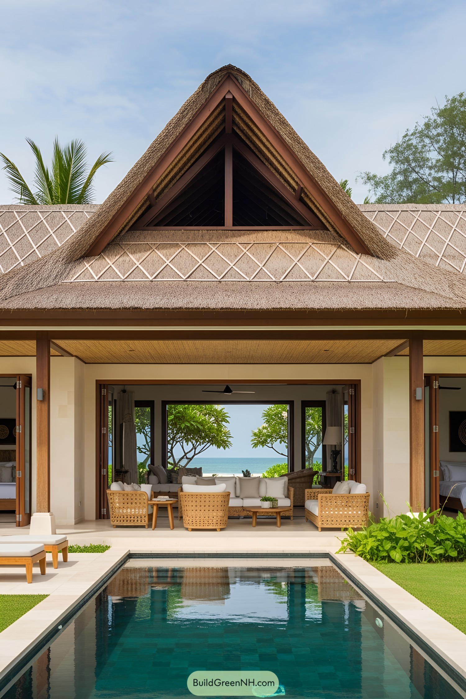 Tropical house with a thatched roof and pool