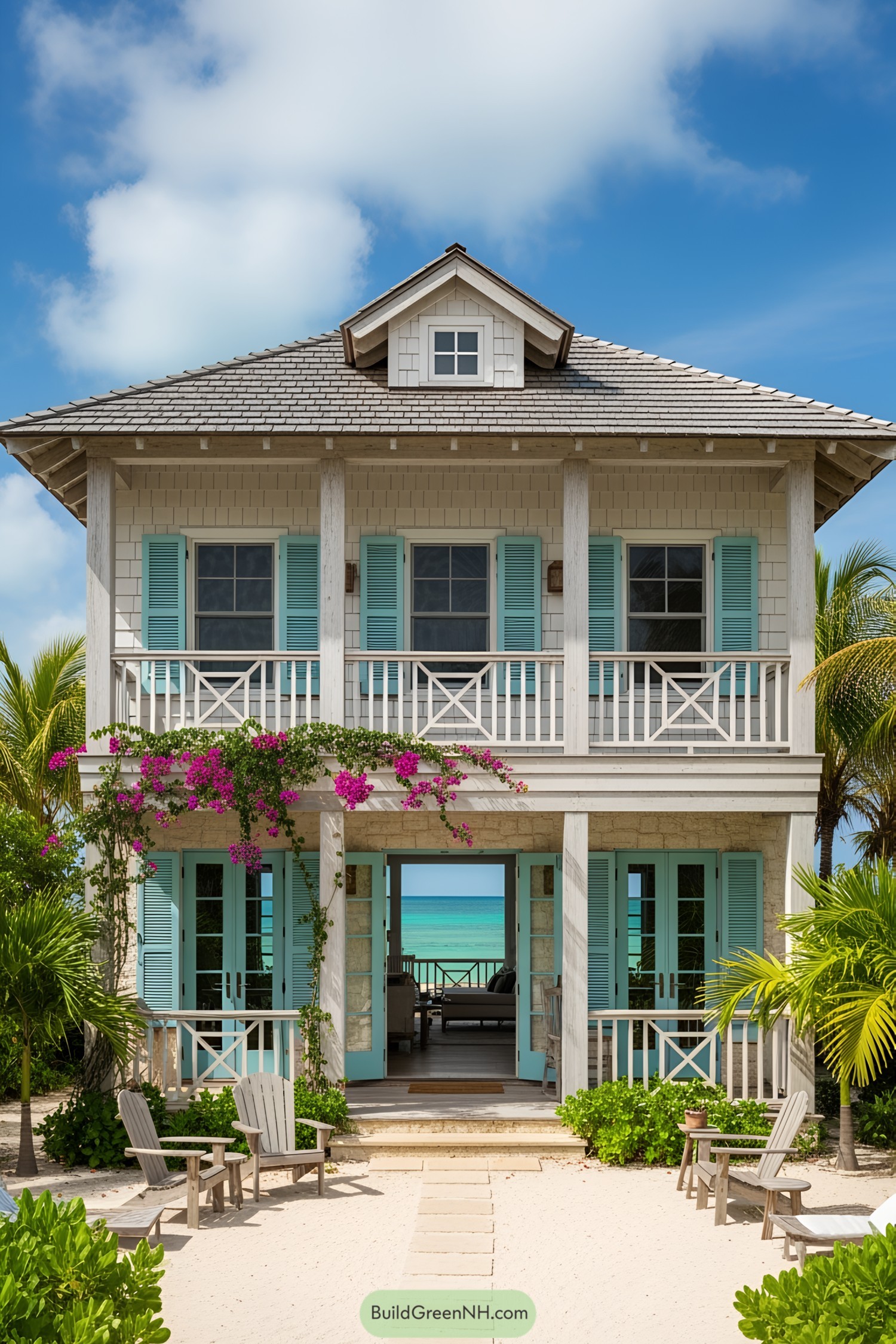 Two-story beach house with blue shutters and tropical plants