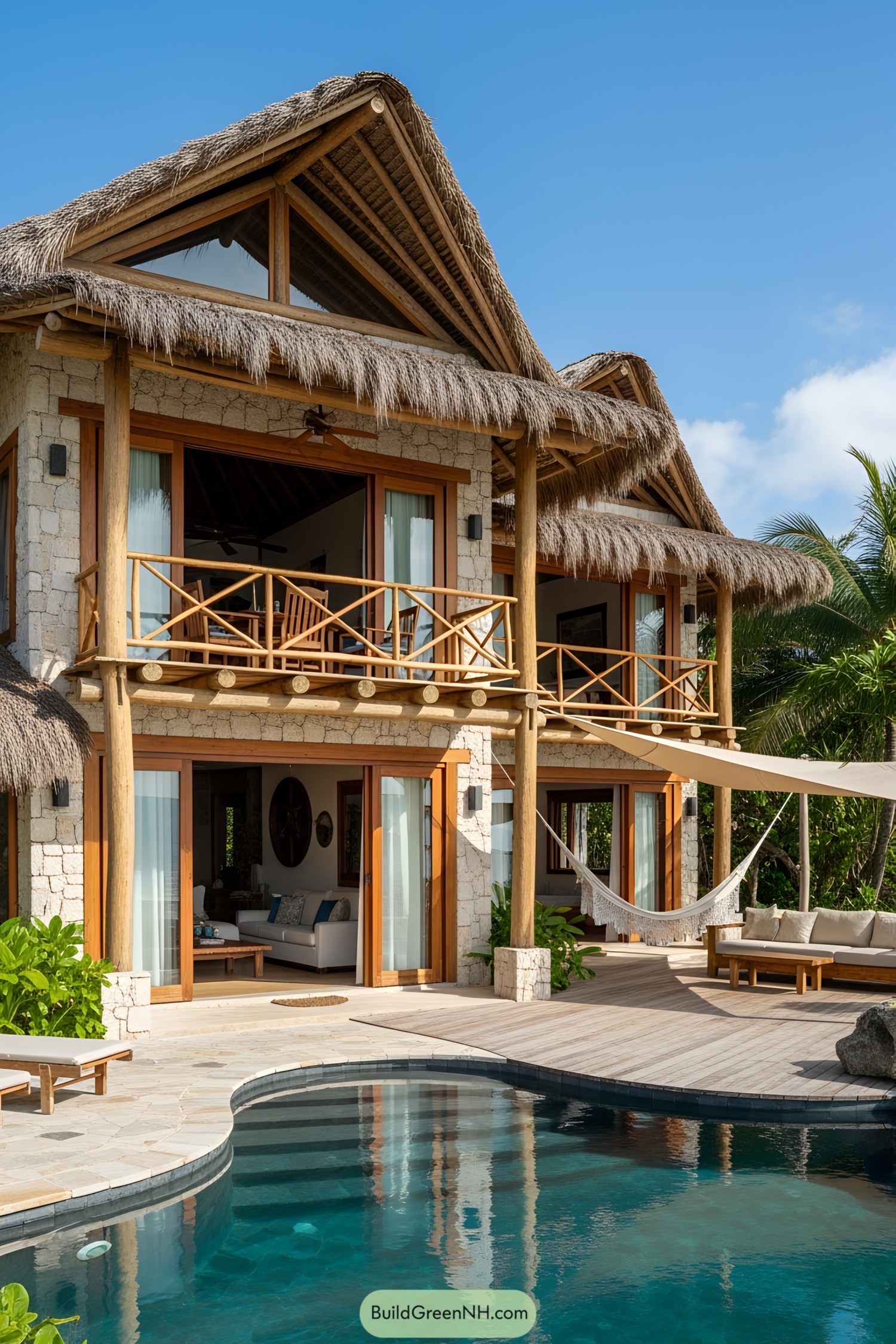 Beach house with thatched roof by a pool