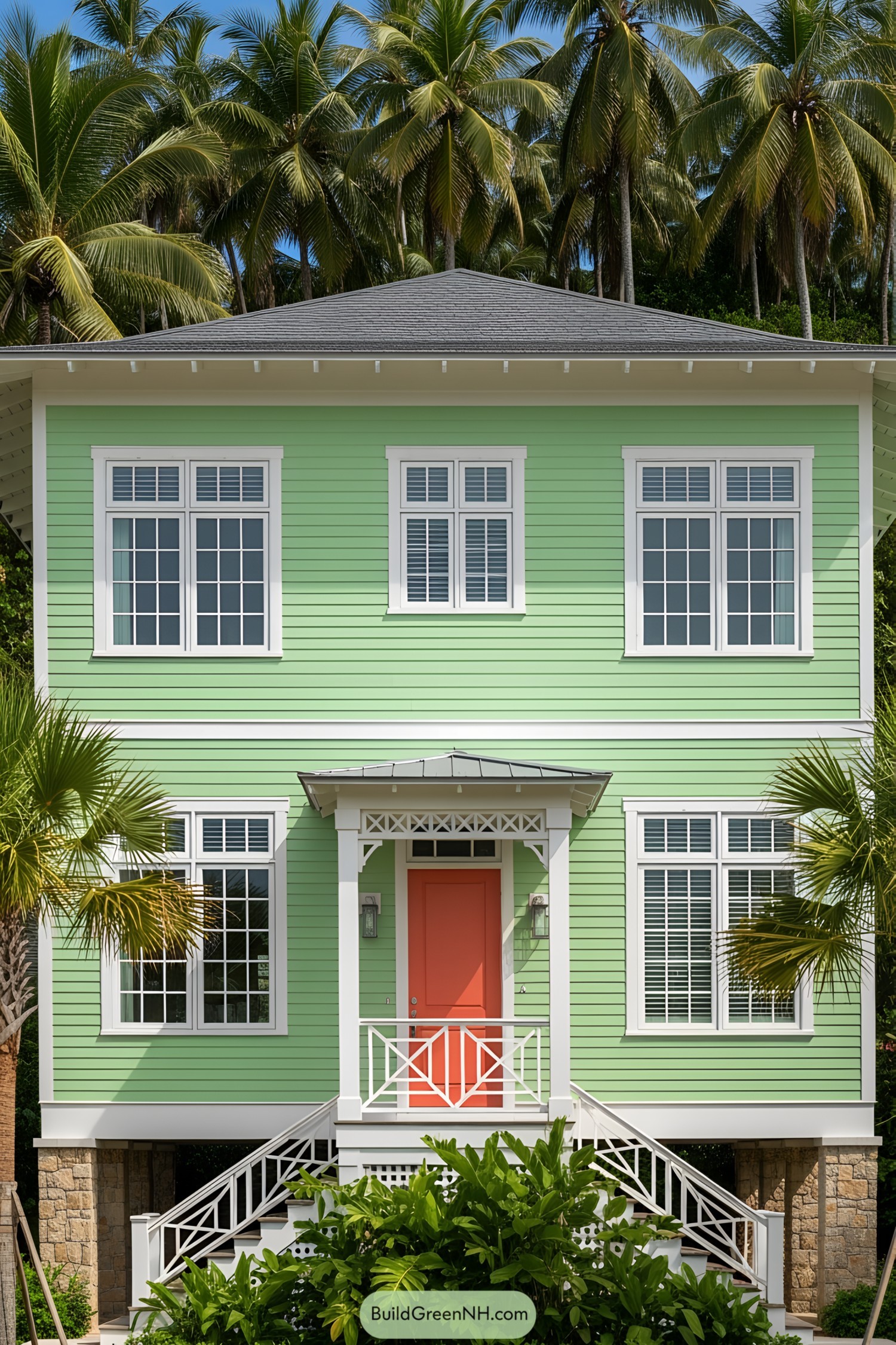 Bright green beach house with vibrant door and palm trees