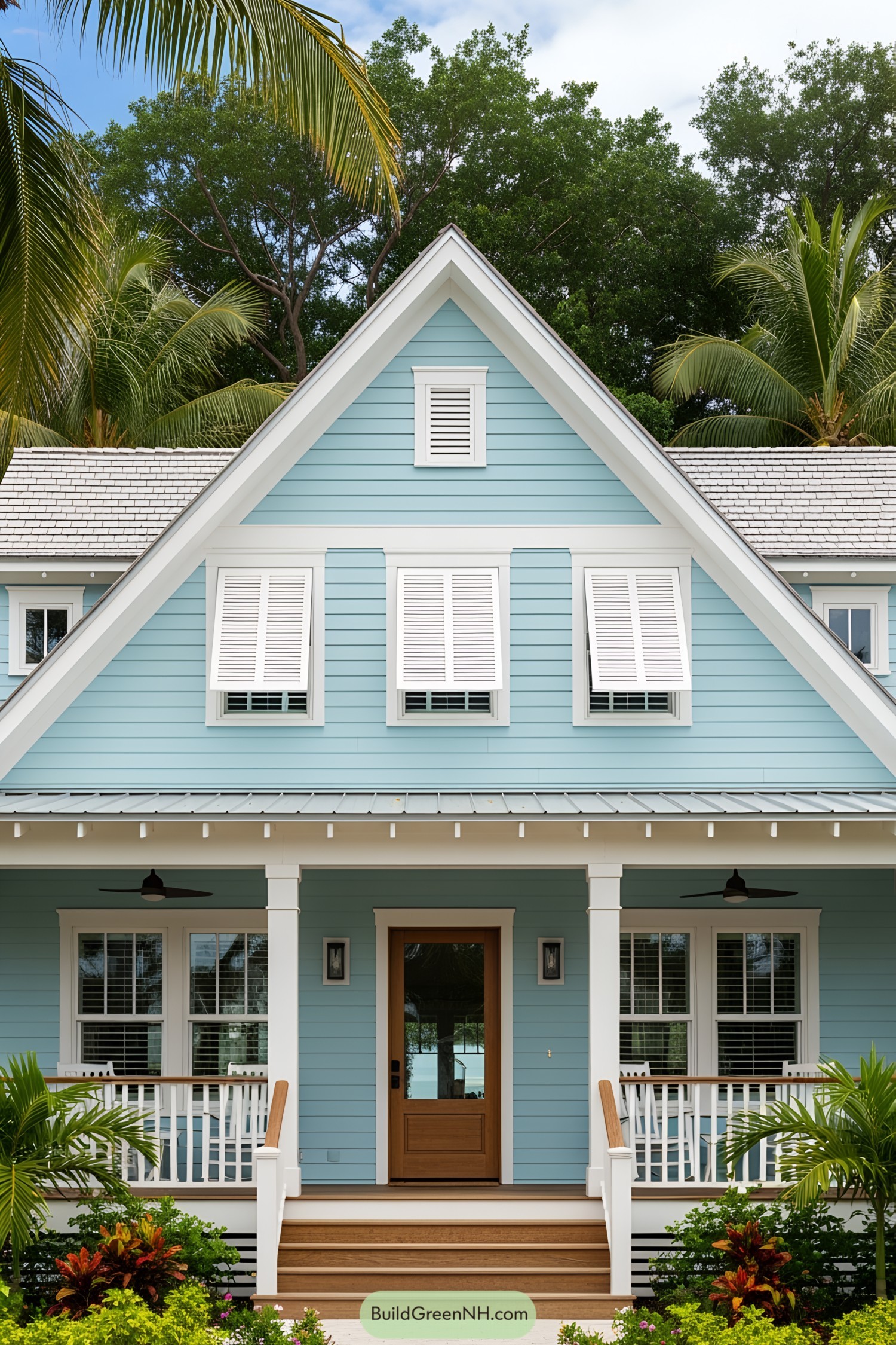 Charming blue tropical house with palm trees