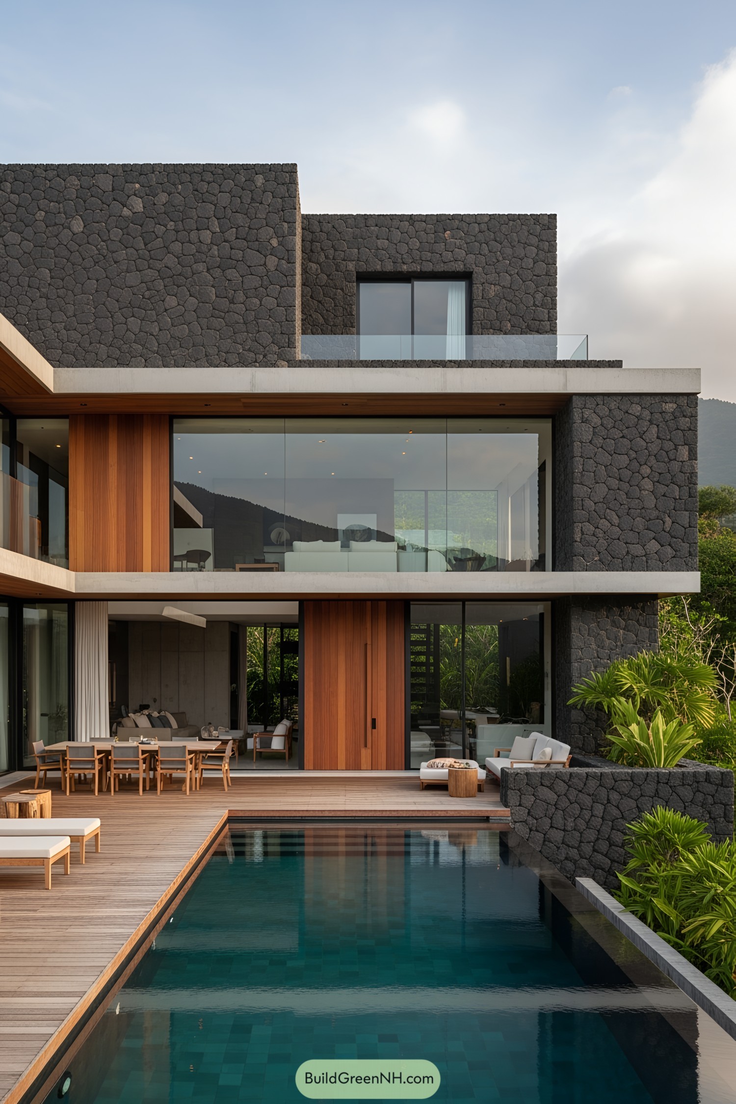 Modern house with volcanic stone facade and pool