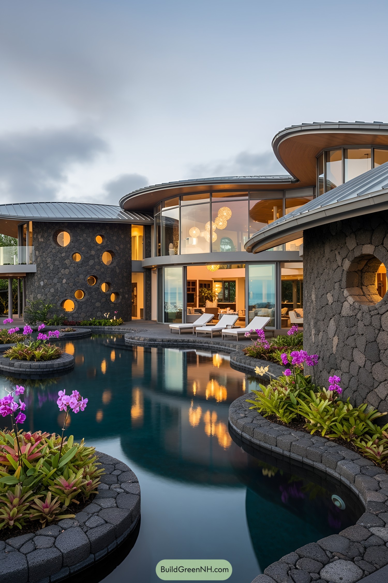 Modern house with volcanic stone facade and pool, surrounded by lush greenery