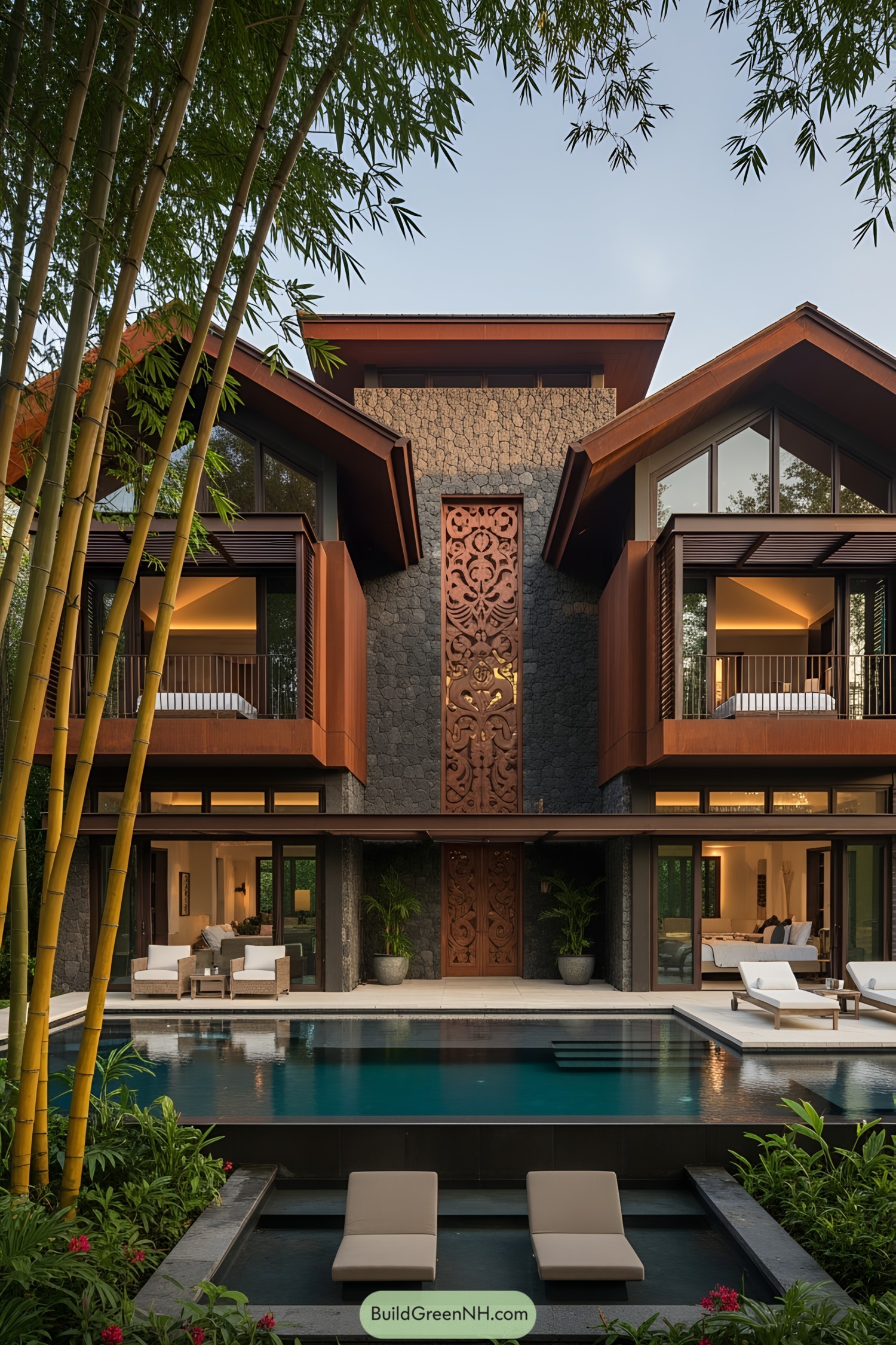 Tropical modern house with volcanic stone facade and lush surroundings