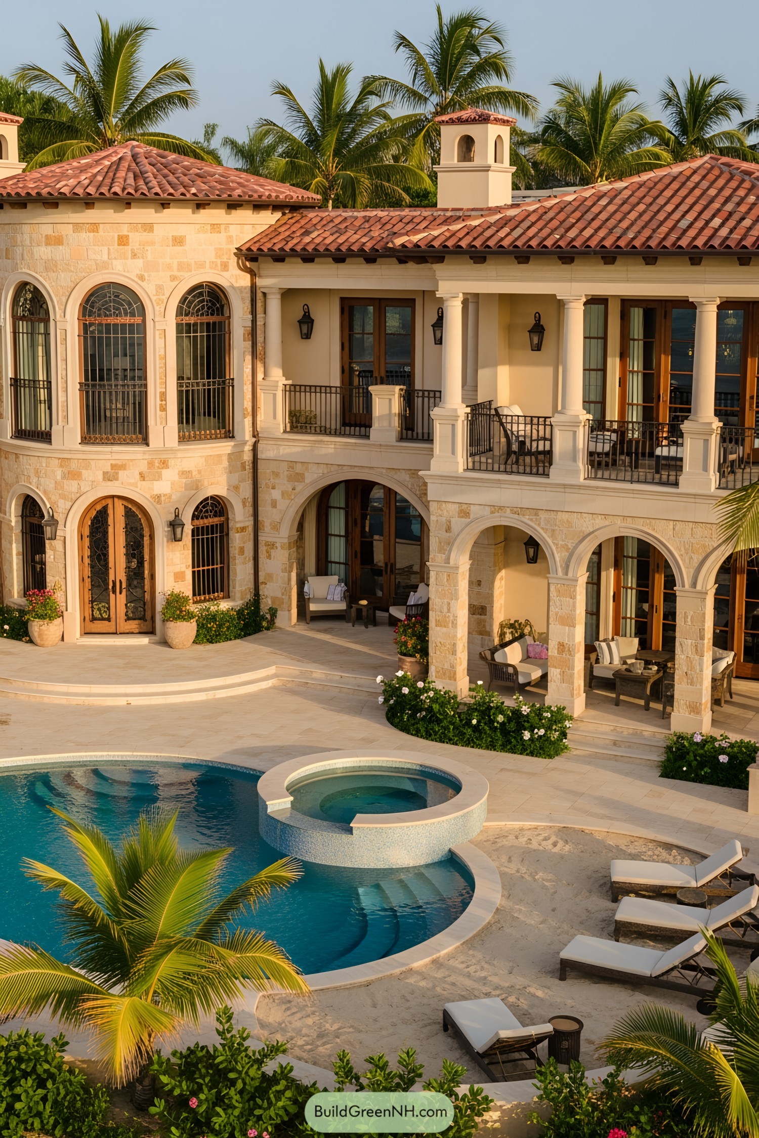 Luxurious beachfront house with terracotta roofs, arched windows, and palm trees