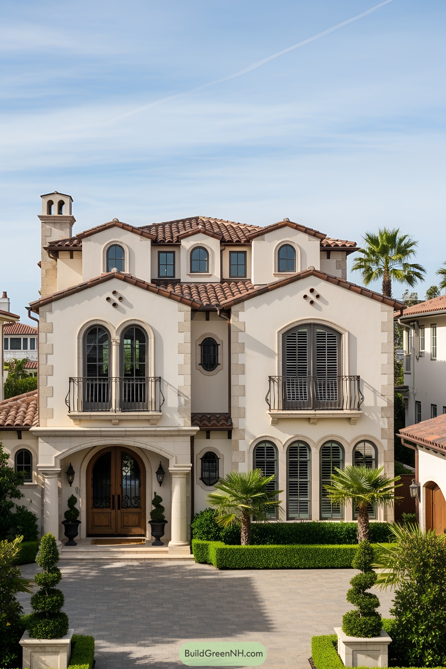 Tuscan house with arched windows and lush greenery