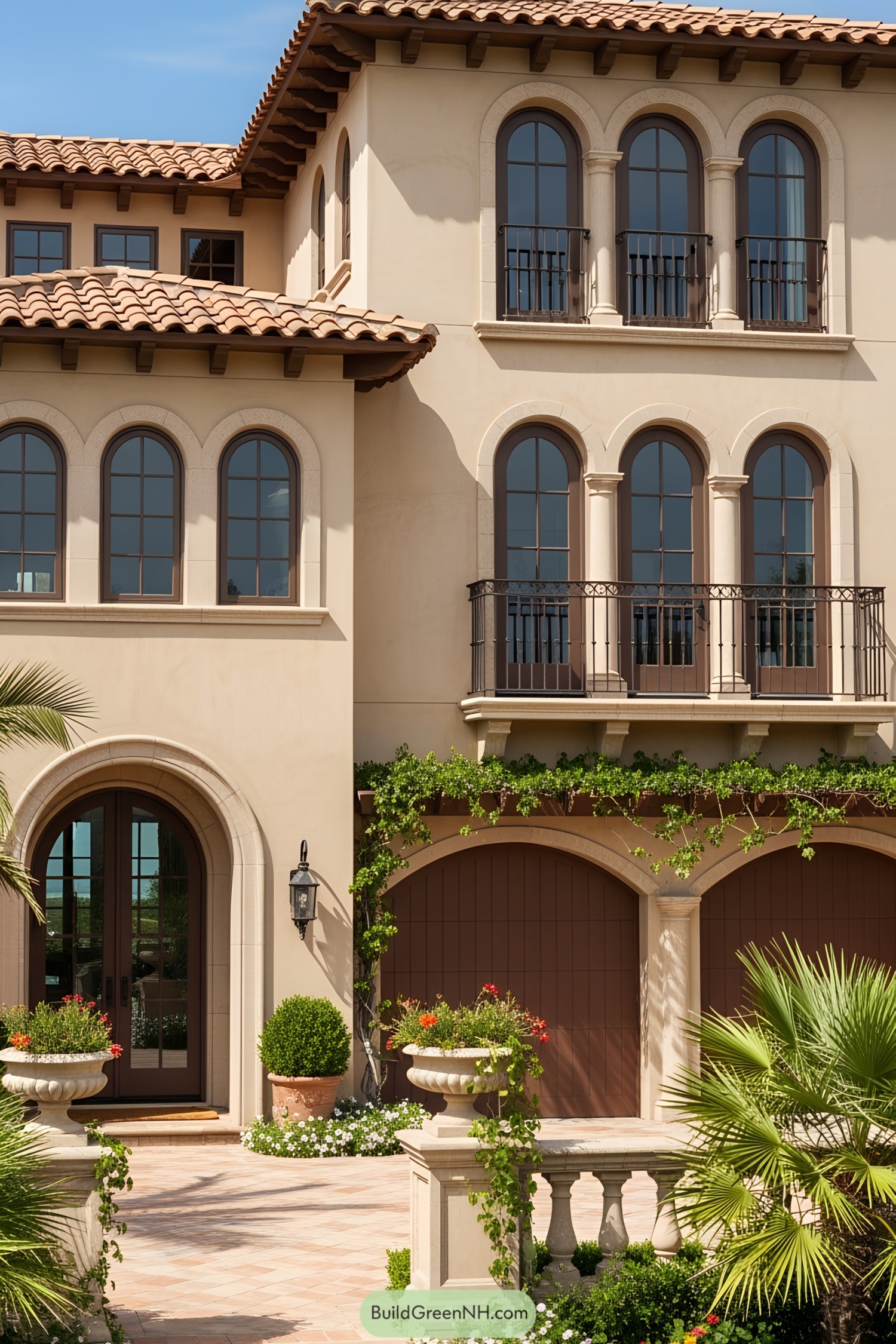 Elegant villa exterior with arched windows and lush greenery