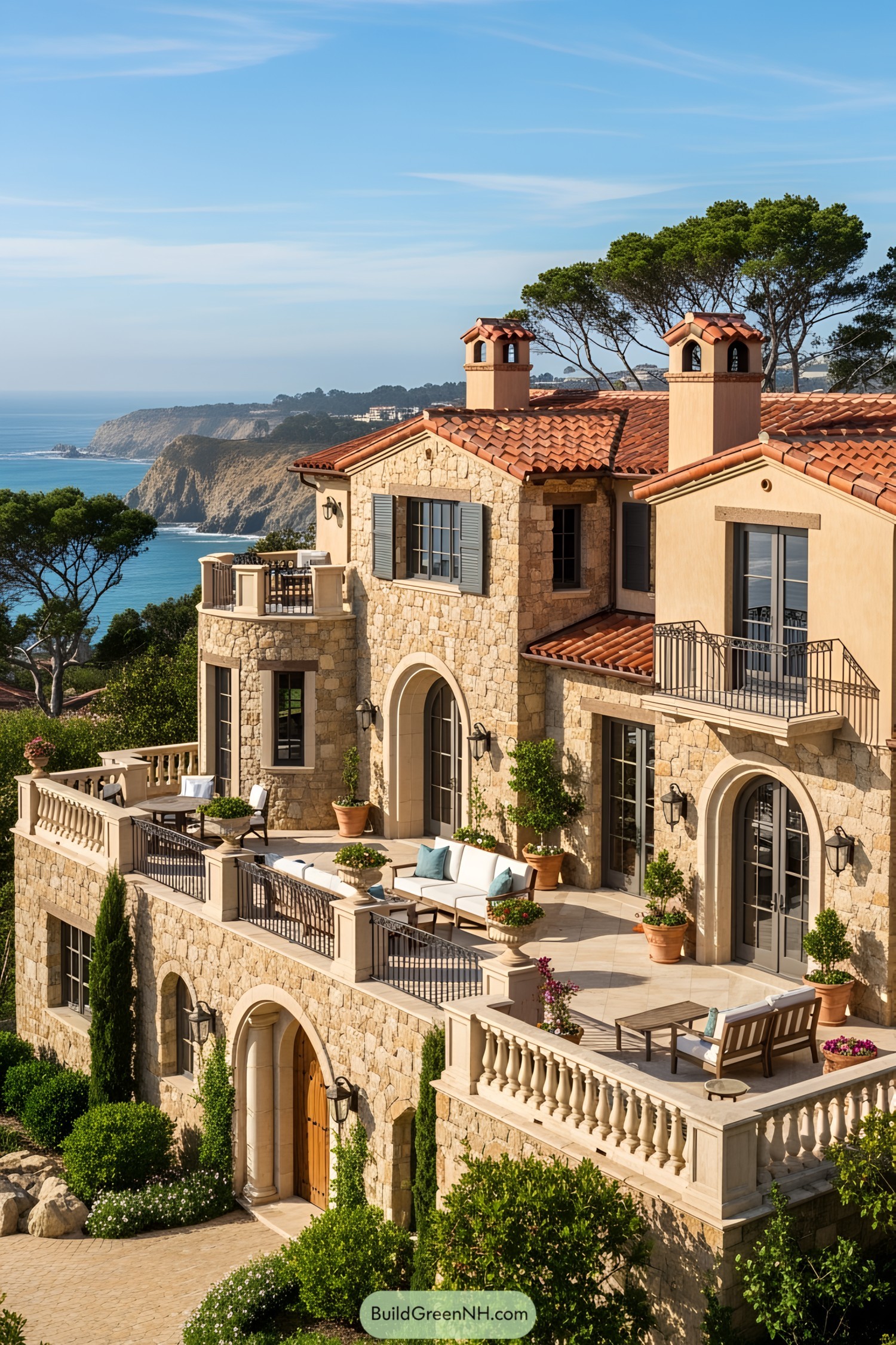 Tuscan villa with ocean backdrop and lush balcony