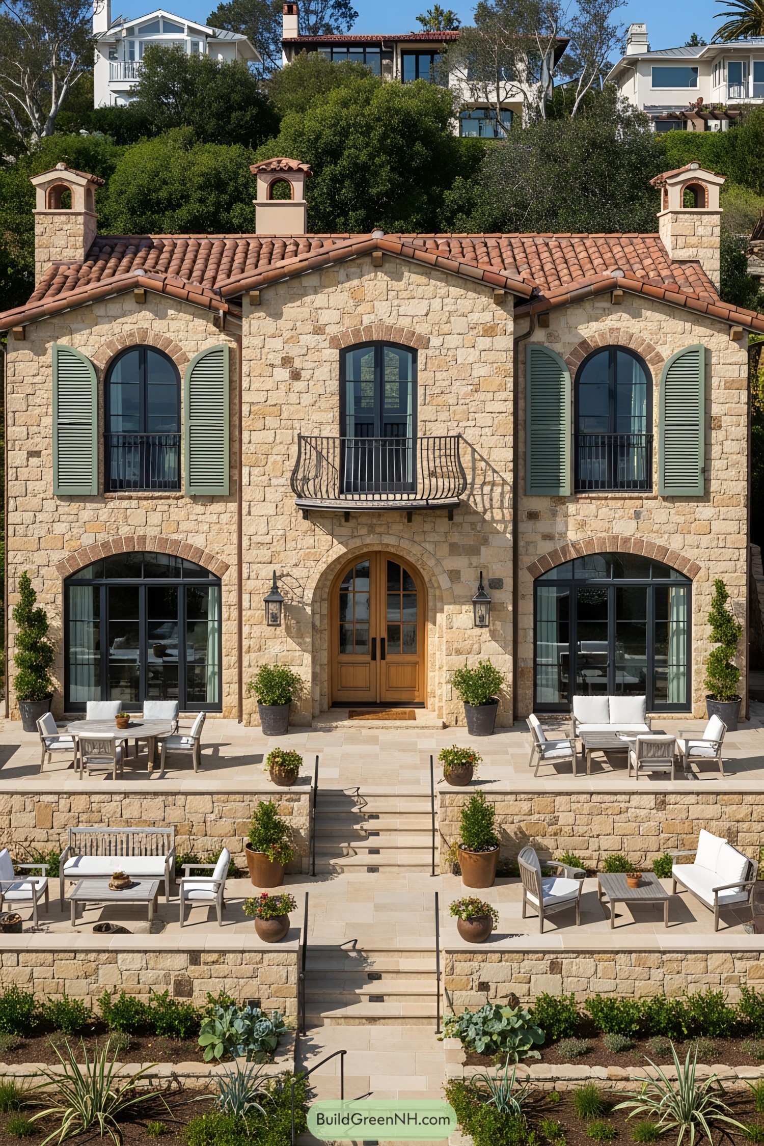 Stone villa with green shutters and spacious patio