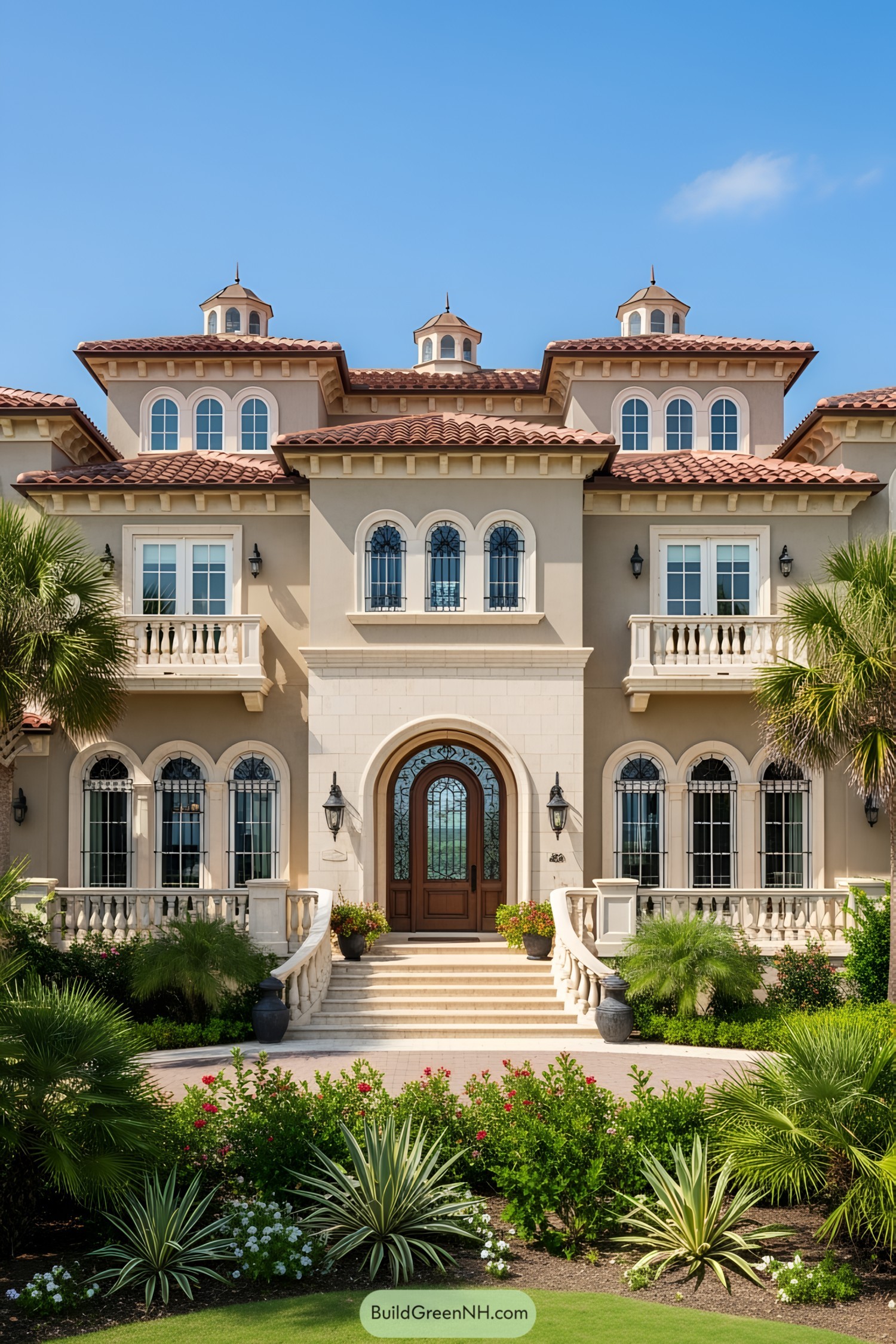 Elegant beachfront house with lush garden and red tiled roof