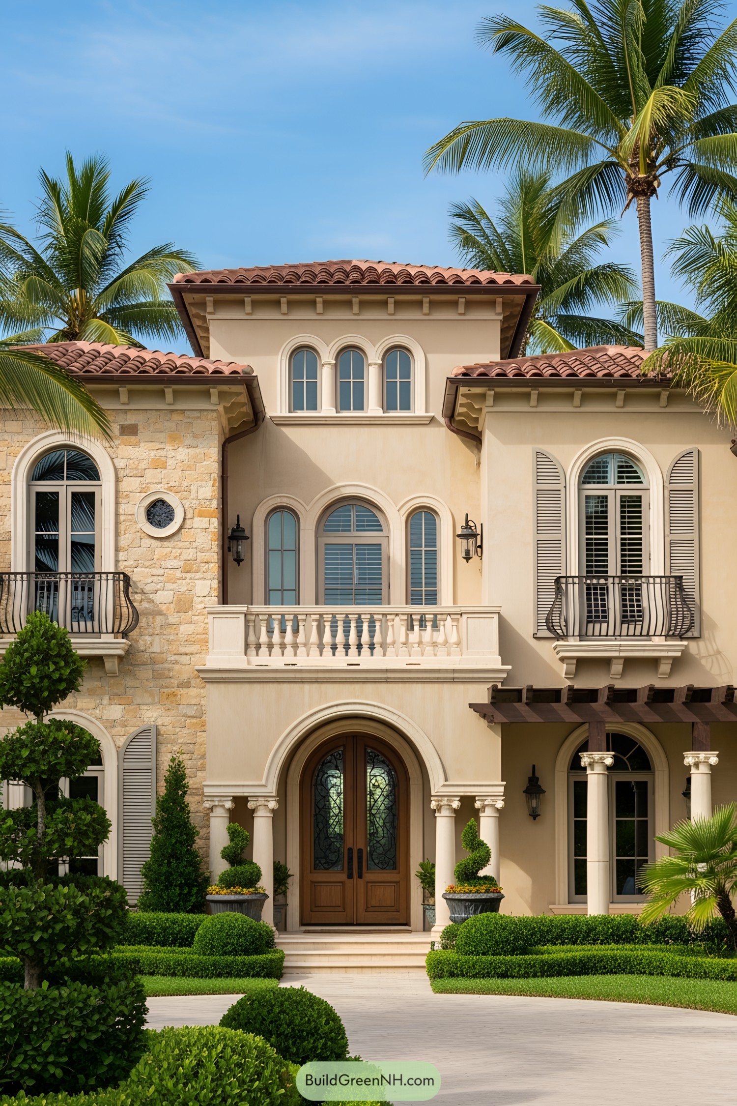 Elegant Tuscan beach house with palm trees and lush greenery