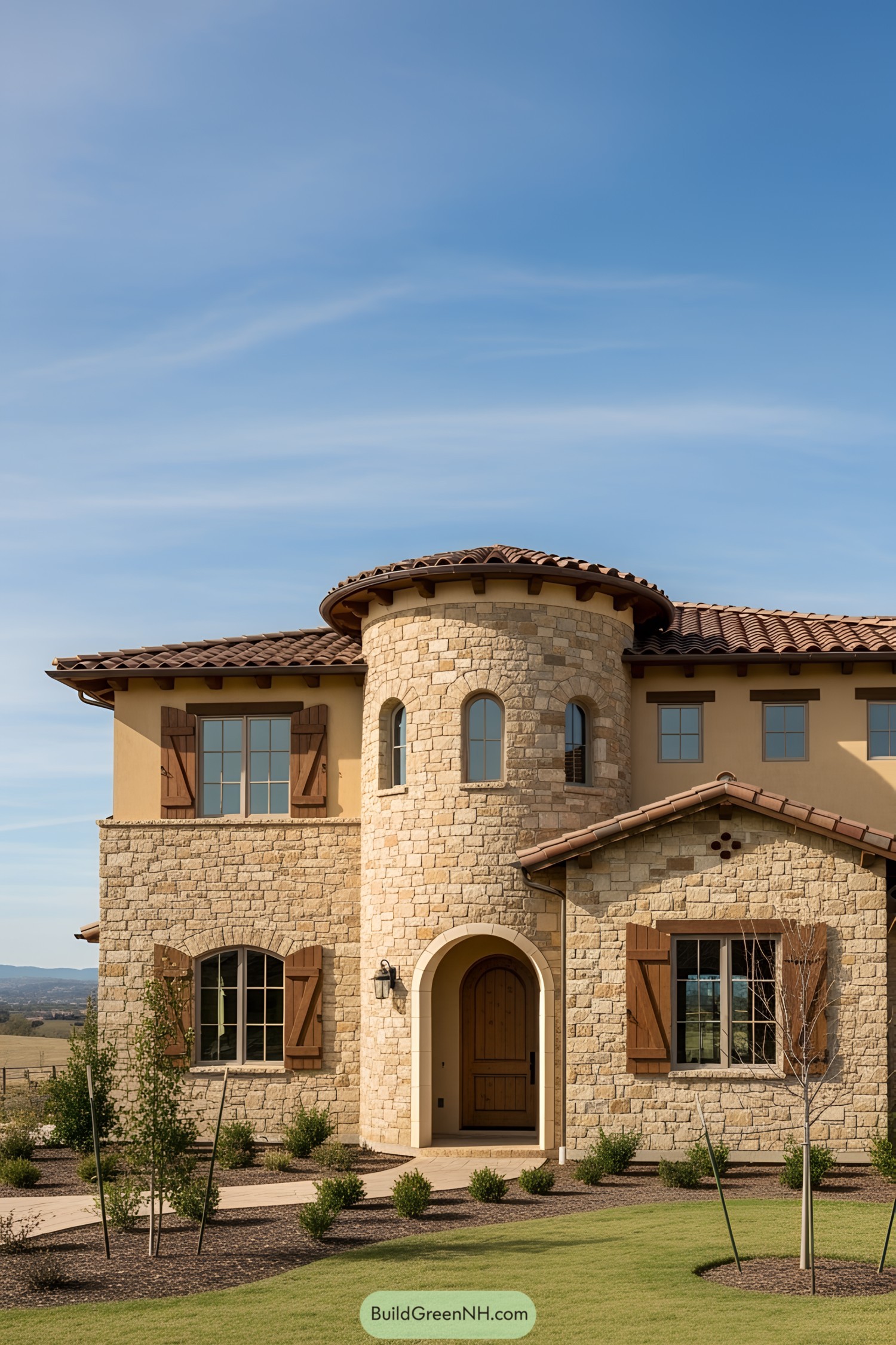 Tuscan-style home with stone tower