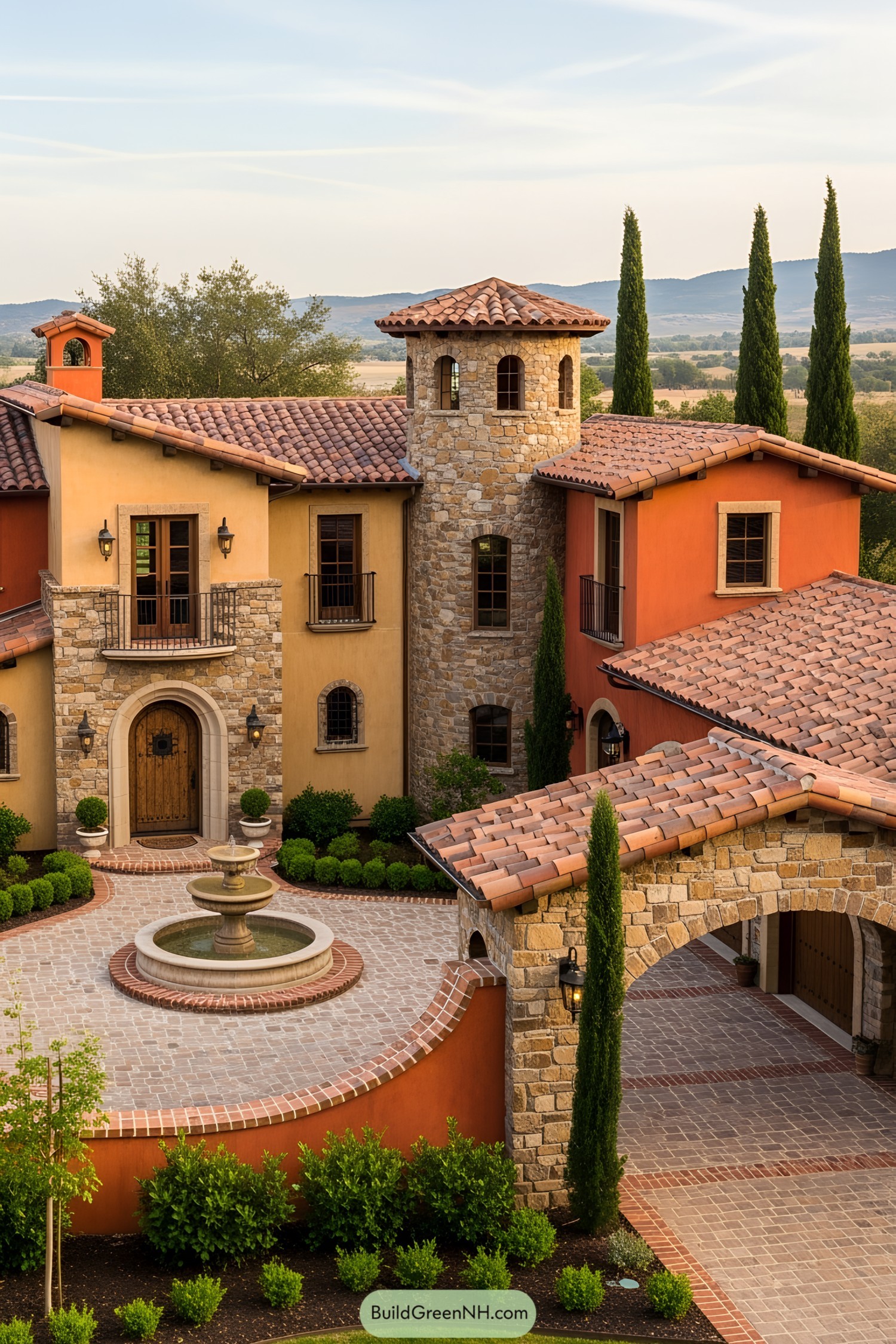 Elegant Tuscan home with stone tower and red tiled roofs