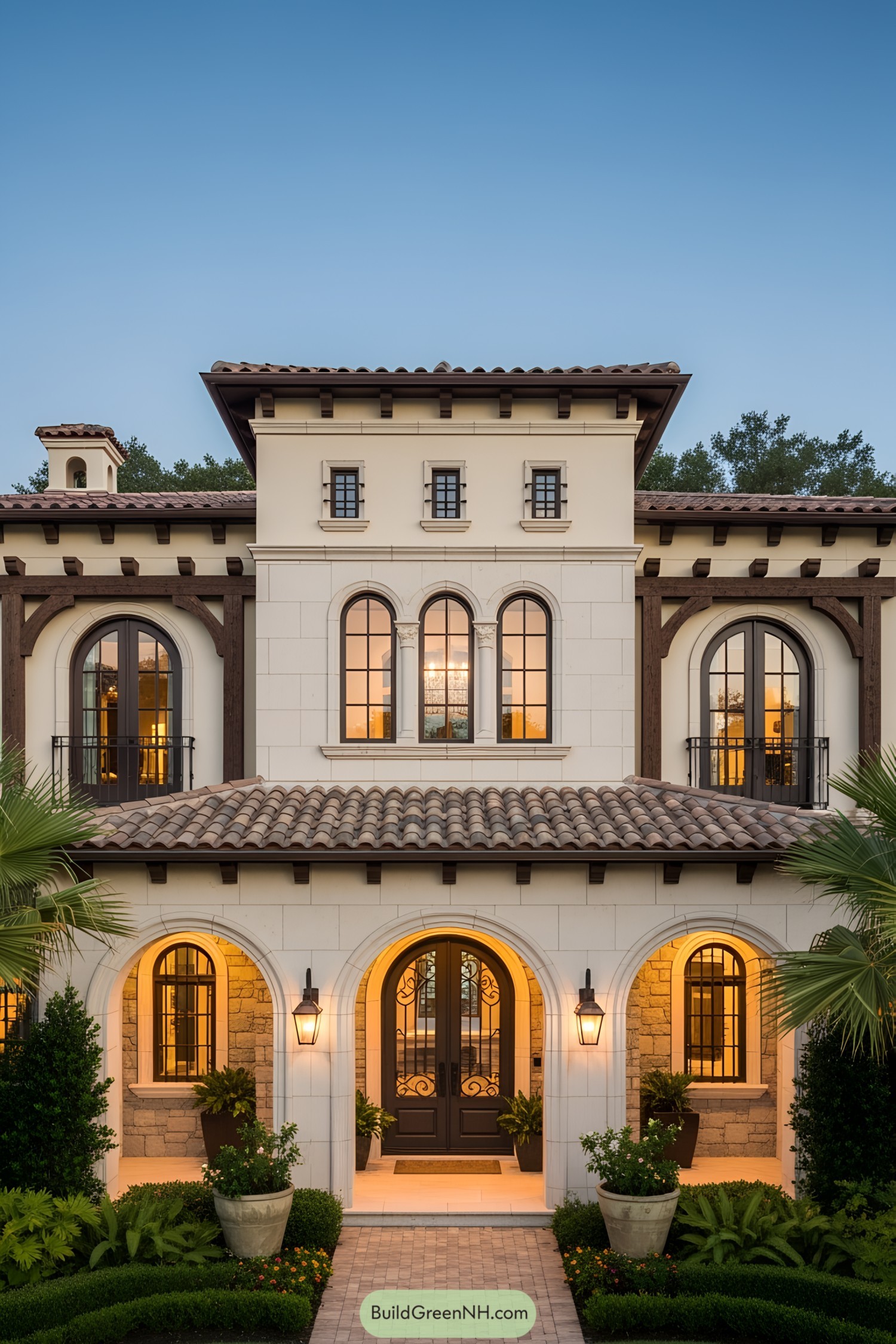 Stately Tuscan house with terracotta tiles and arched windows