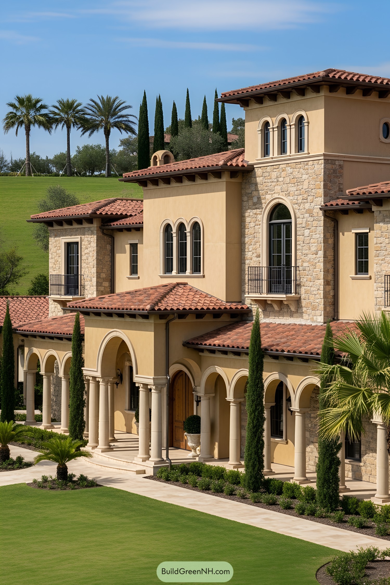 Tuscan-inspired house with red-tile roof and tall arches