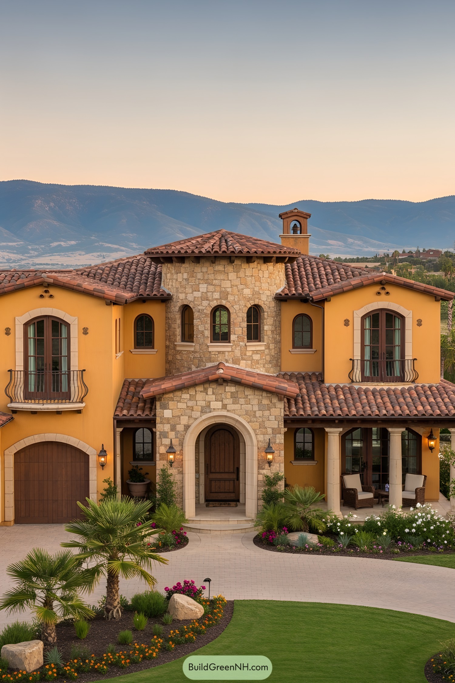 Elegant Tuscan house with arched windows and lush garden