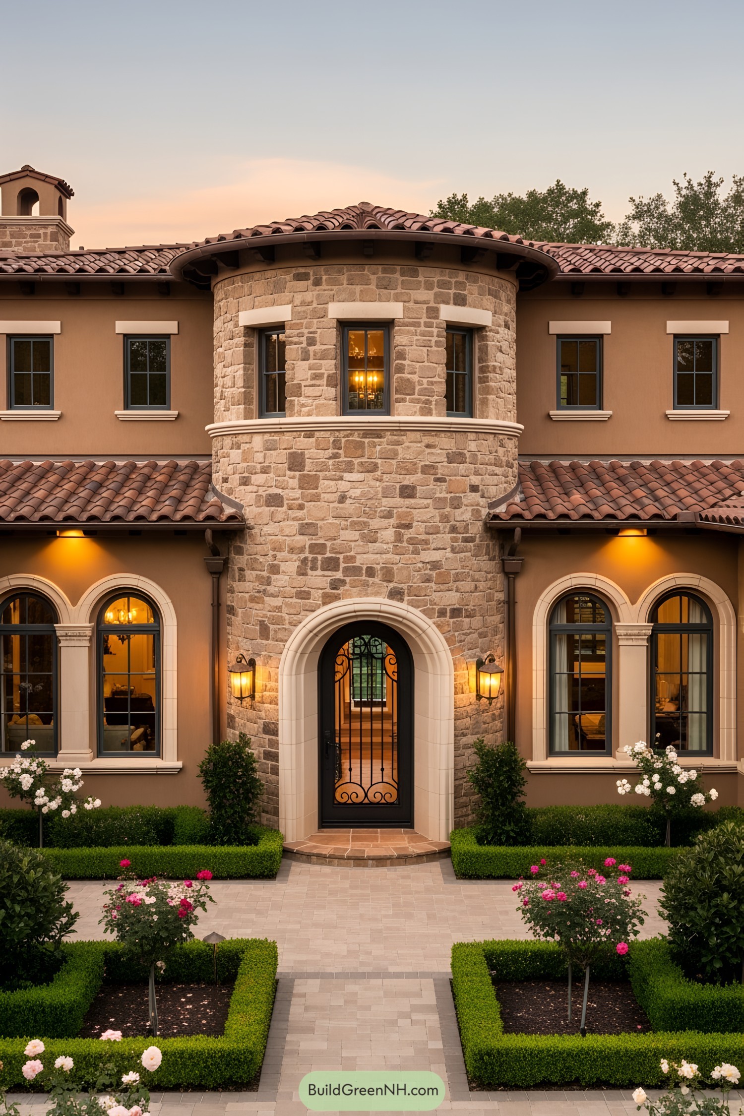 Elegant Tuscan home with stone tower and lush garden