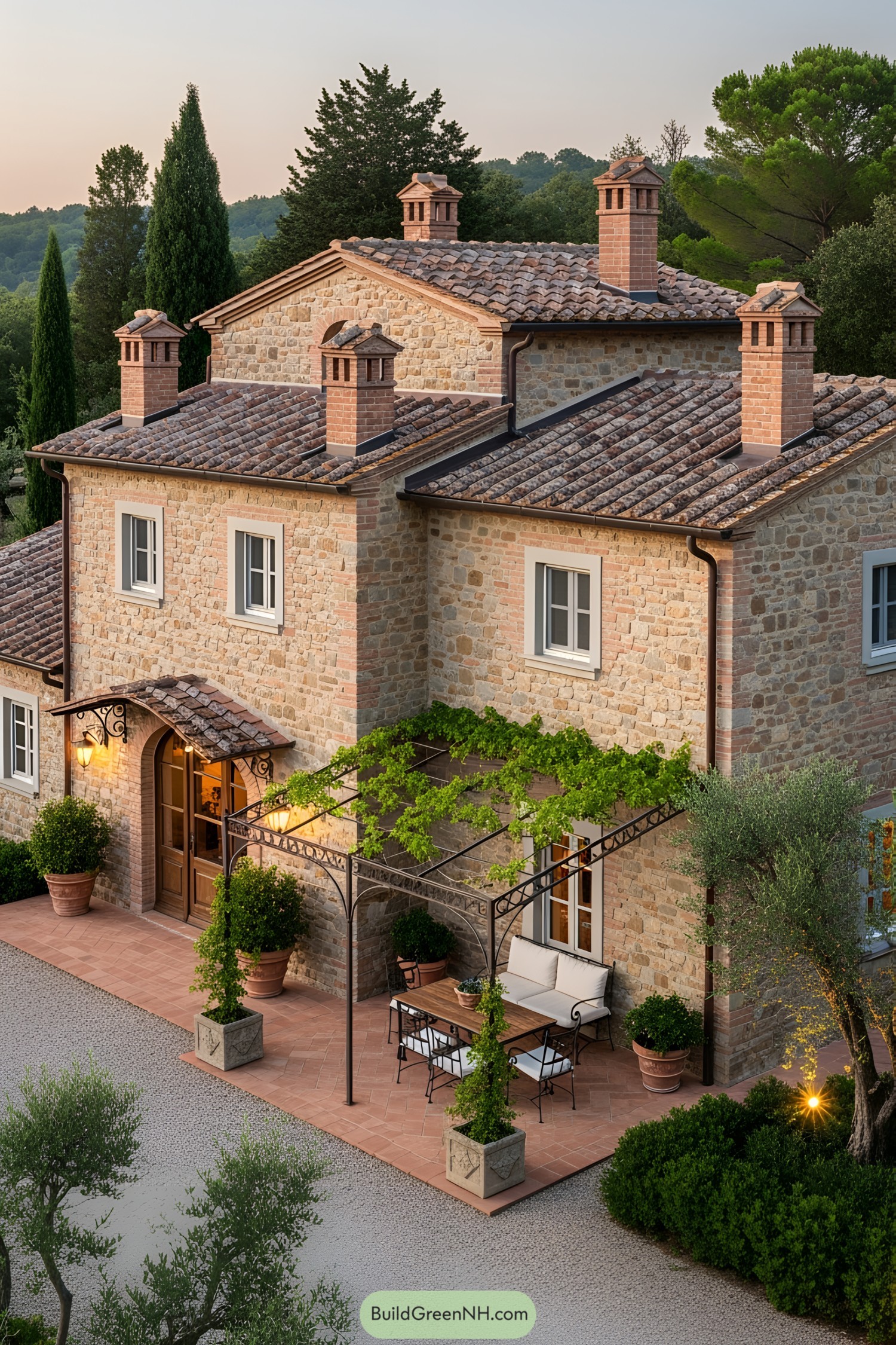 Tuscan house with stone walls and a charming pergola