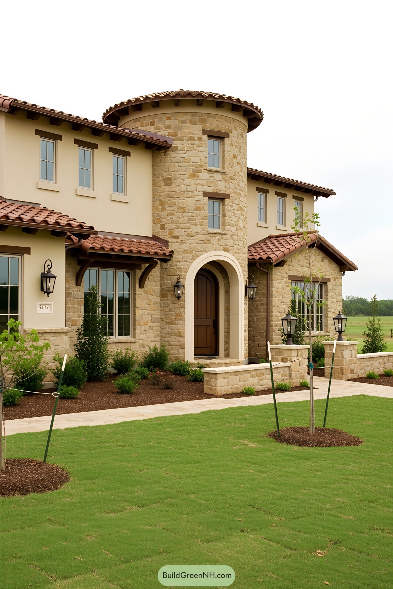 Tuscan-style house with a stone tower and arched doorway