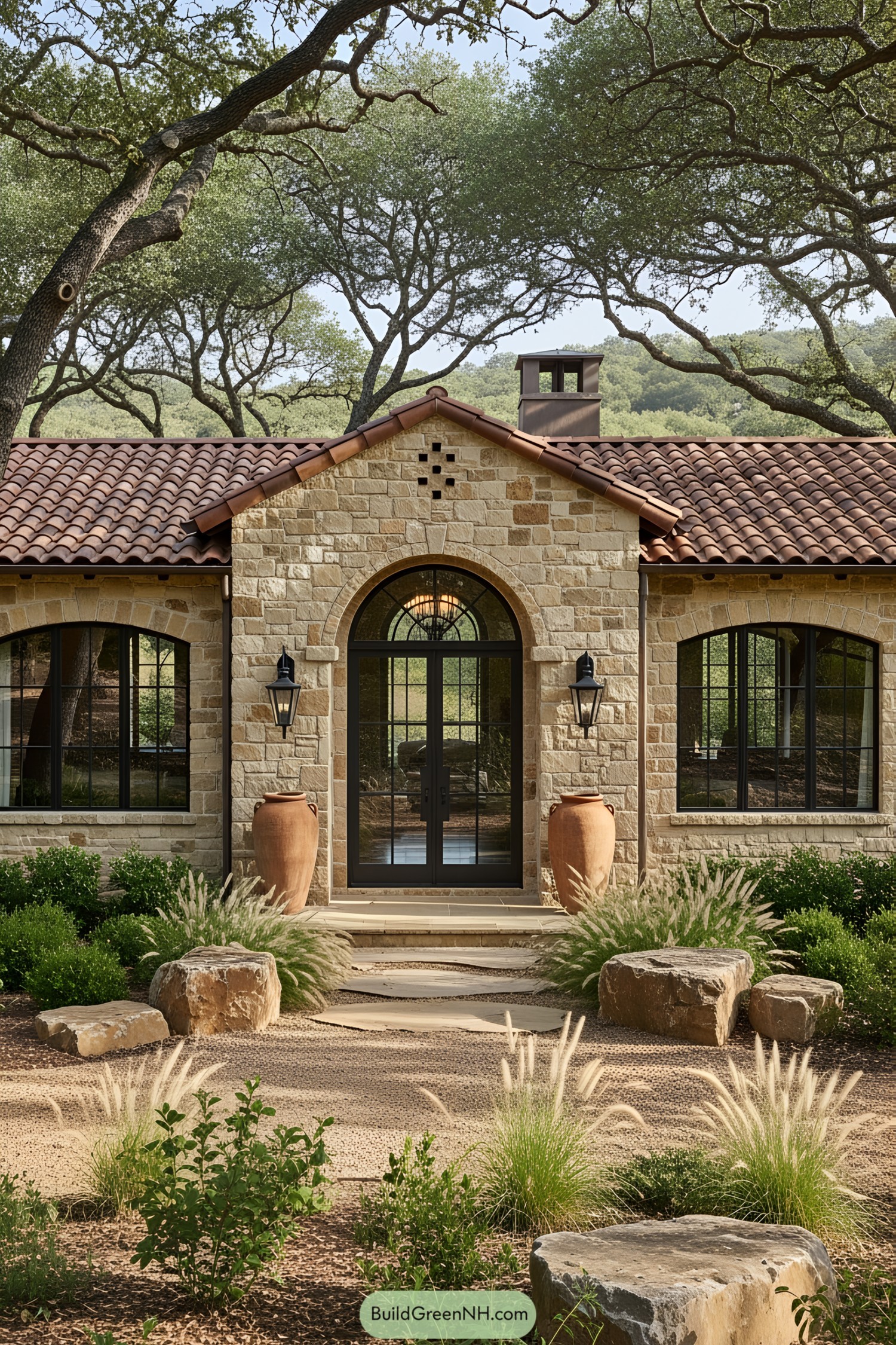 Charming stone house with terracotta roof and lush greenery