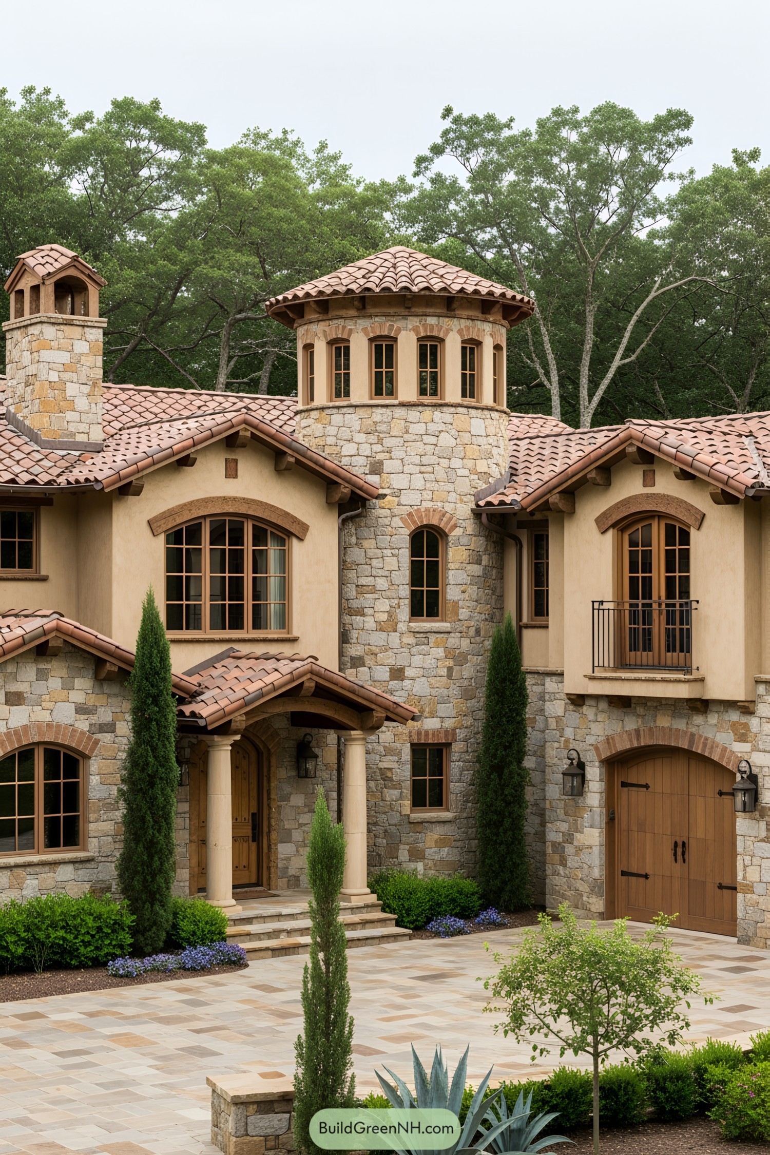Stone house with terracotta roof in a forest setting